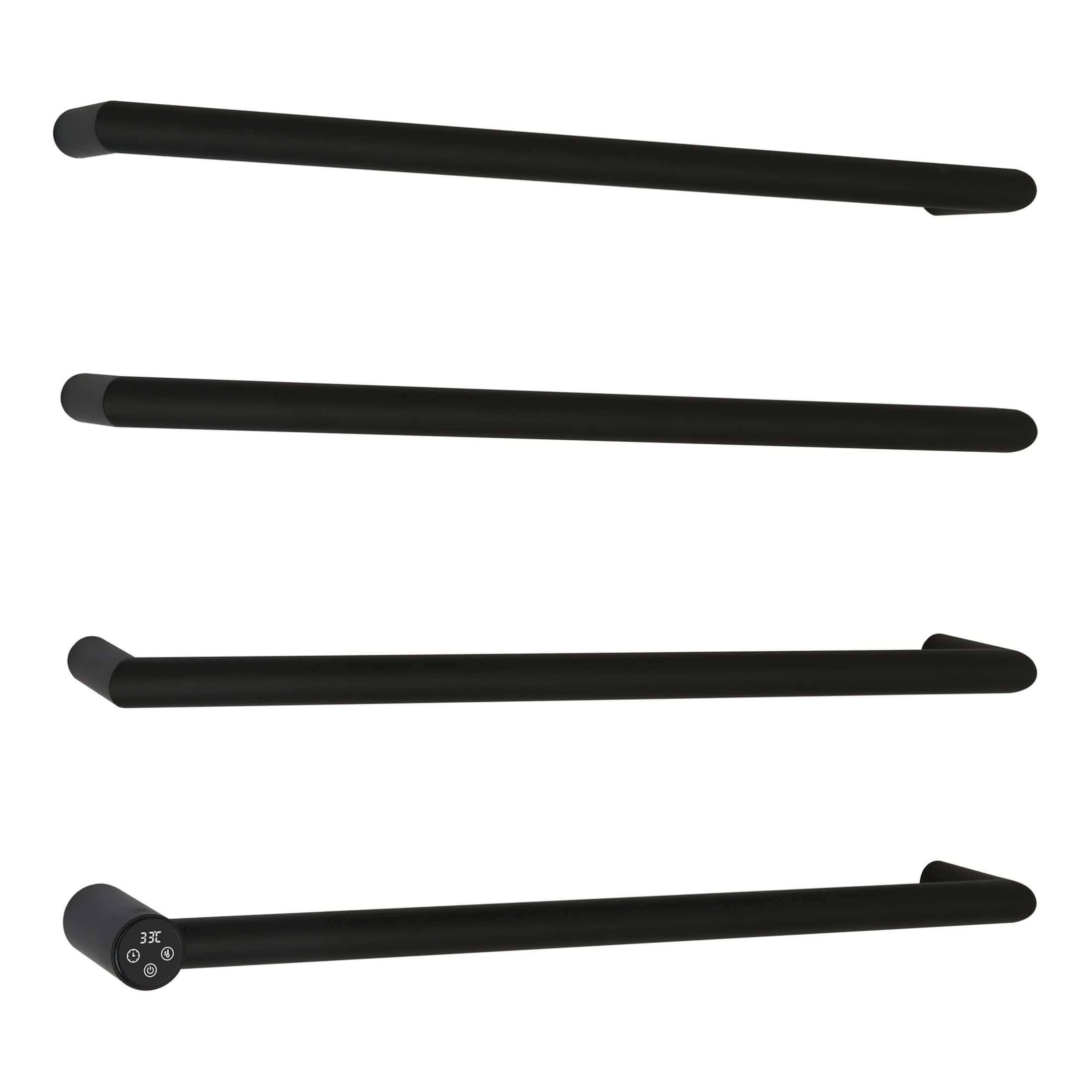 Silent electric towel rails for modern bathrooms, featuring sleek matte black finish and touchscreen controls, perfect for heating towels and maintaining warm, cosy bathroom environments.