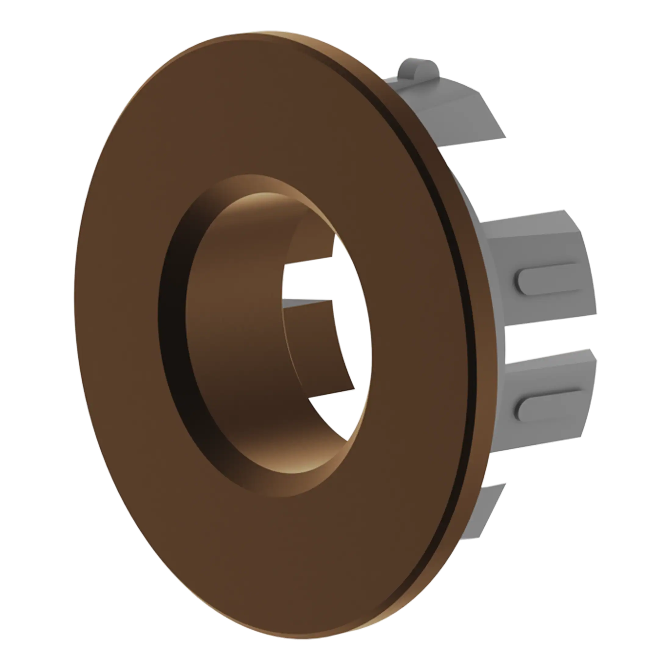 Chrome and bronze bathroom hardware component, possibly a part of a shower valve or faucet assembly. Designed for durability and seamless integration in modern bathroom fixtures.