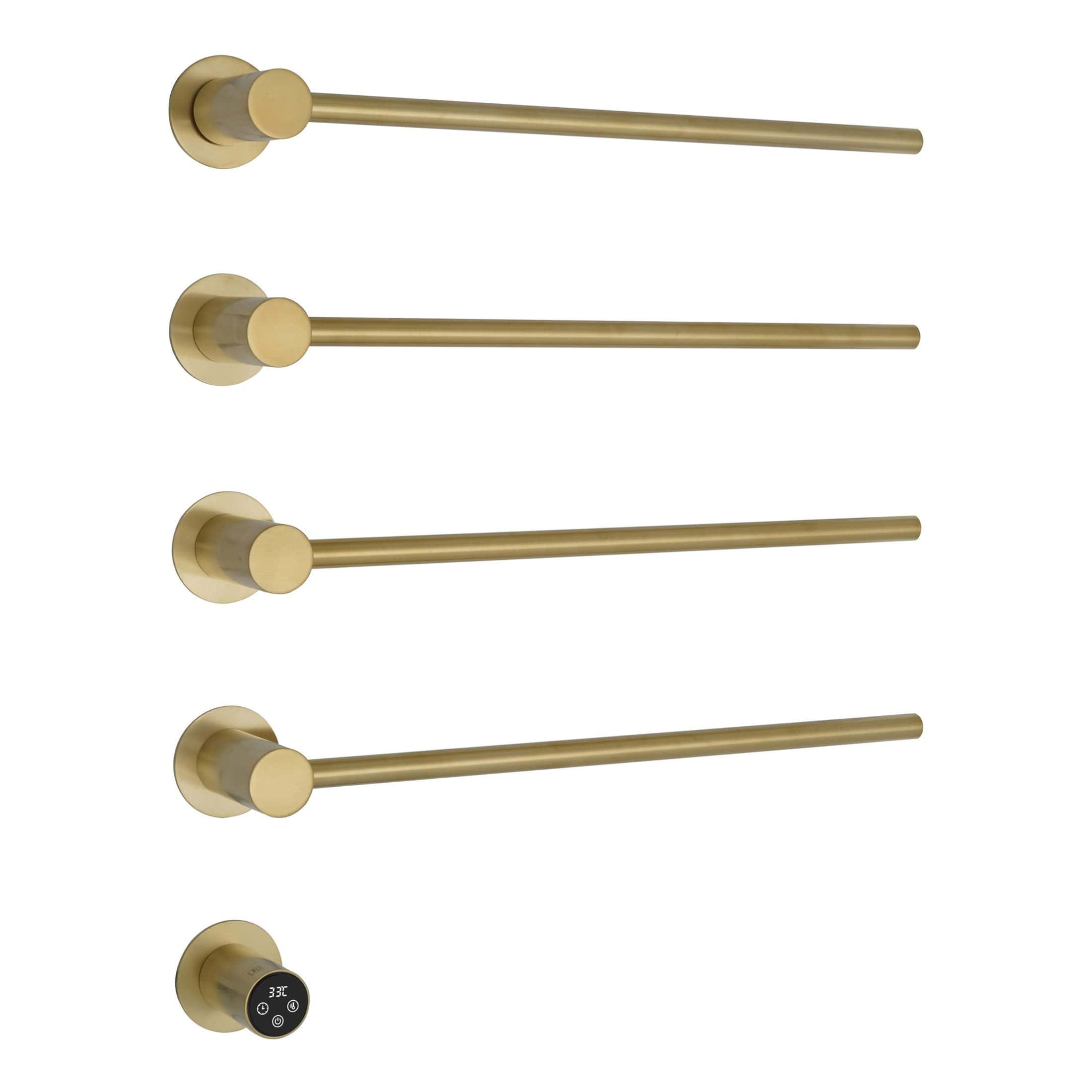 Sleek gold towel rails set for modern bathroom decor, featuring five minimalist brushed gold heated towel rail radiators with thermostat control for optimal comfort and efficiency.