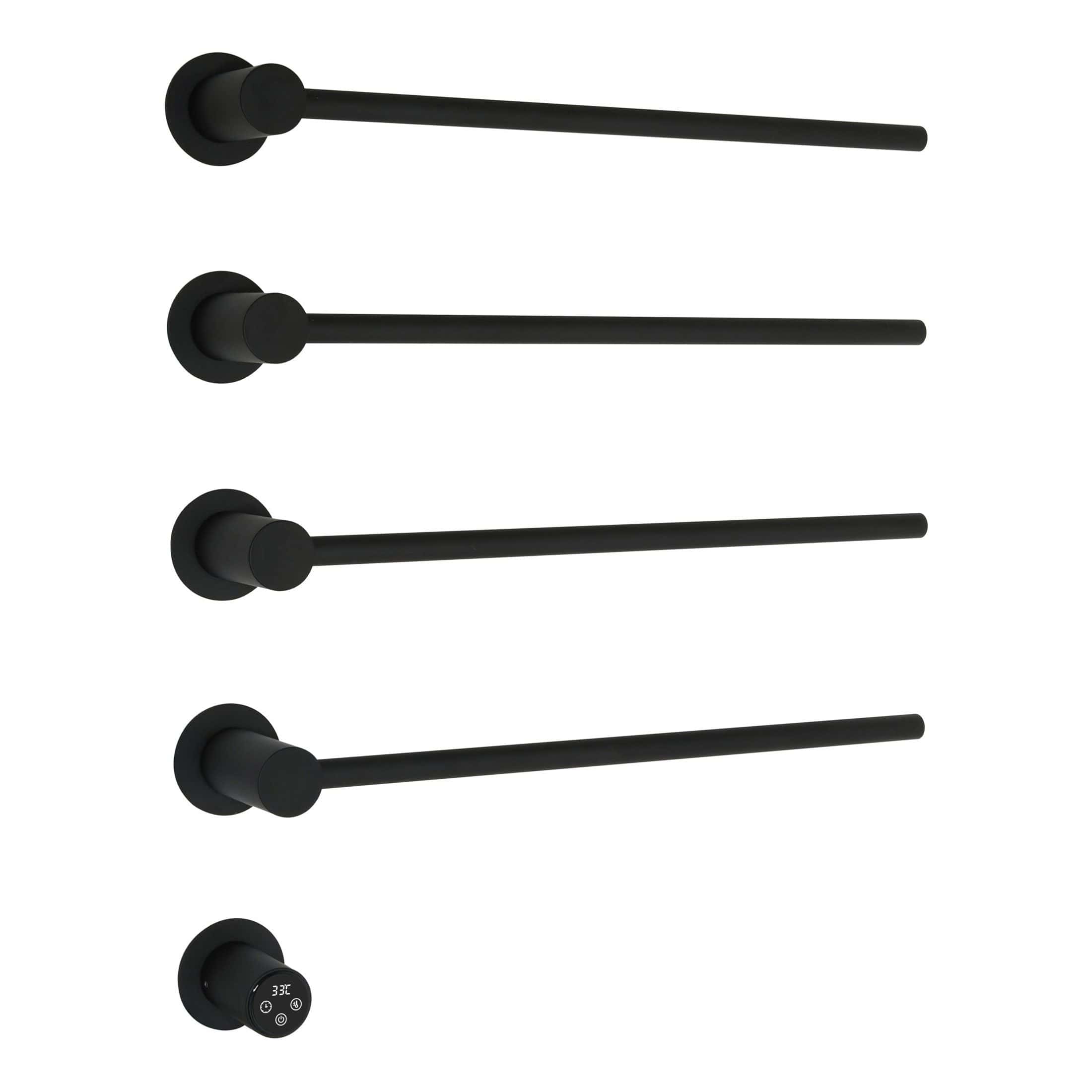 Black matte bathroom towel rails and heated towel rail with digital thermostat from Bubly Bathrooms.