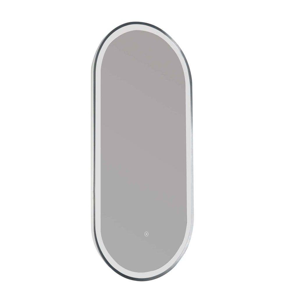 Sleek oval mirror with LED backlighting for modern bathroom decor and enhanced grooming visibility.