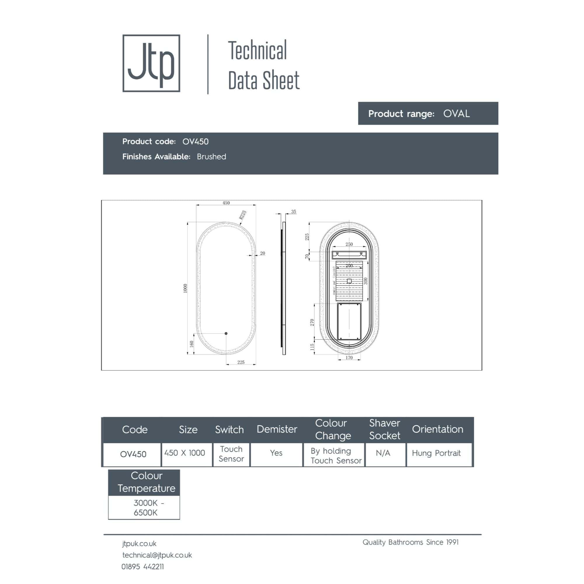 Oval bathroom shower enclosure with brushed finish, measuring 450 x 1000mm, featuring touch sensor switch and hanging portrait orientation, ideal for modern bathroom designs.