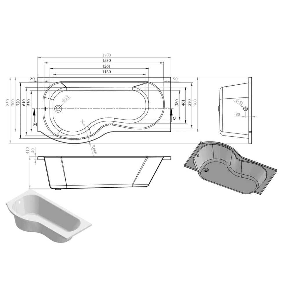 High-quality modern bathtub design with detailed technical drawings perfect for bathroom renovation projects. Featuring precise dimensions, layout, and 3D perspective for installation planning.