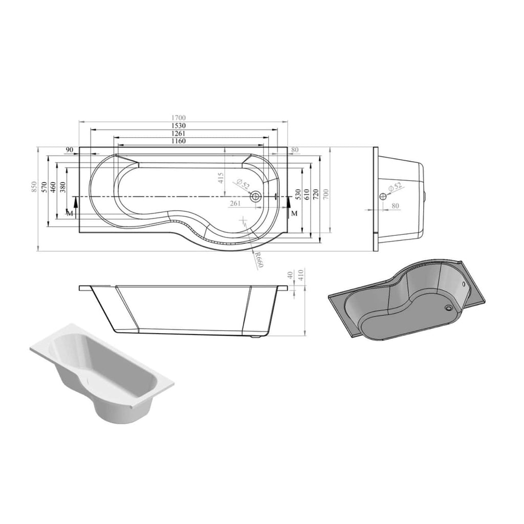 Elegant bathtub technical drawing and 3D model from Bubly Bathrooms, showcasing detailed dimensions and design features for custom bathroom installations. Perfect for bathroom renovators and designers.