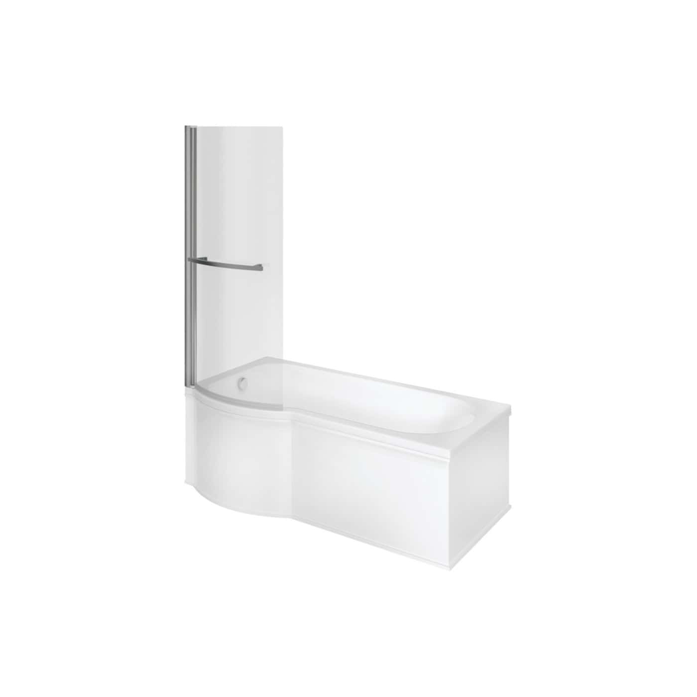 White bathtub with integrated shower screen and chrome grab rail, modern bathroom design, ideal for small baths, sleek and functional bathroom fixture for comfort and style, Bubly Bathrooms.
