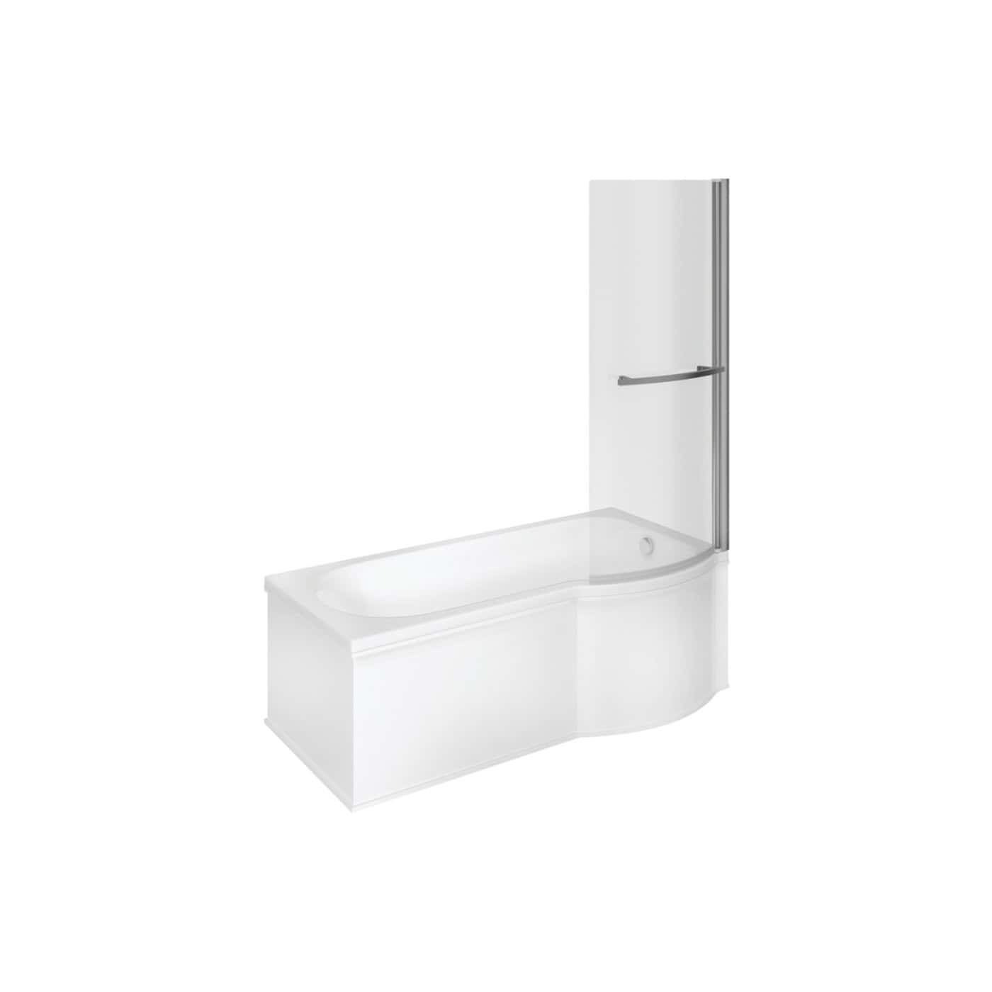 Light grey acrylic bathtub with an integrated curved shower screen and modern chrome handle, designed for stylish and functional bathroom bathrooms. Perfect for contemporary shower bath combo setups.