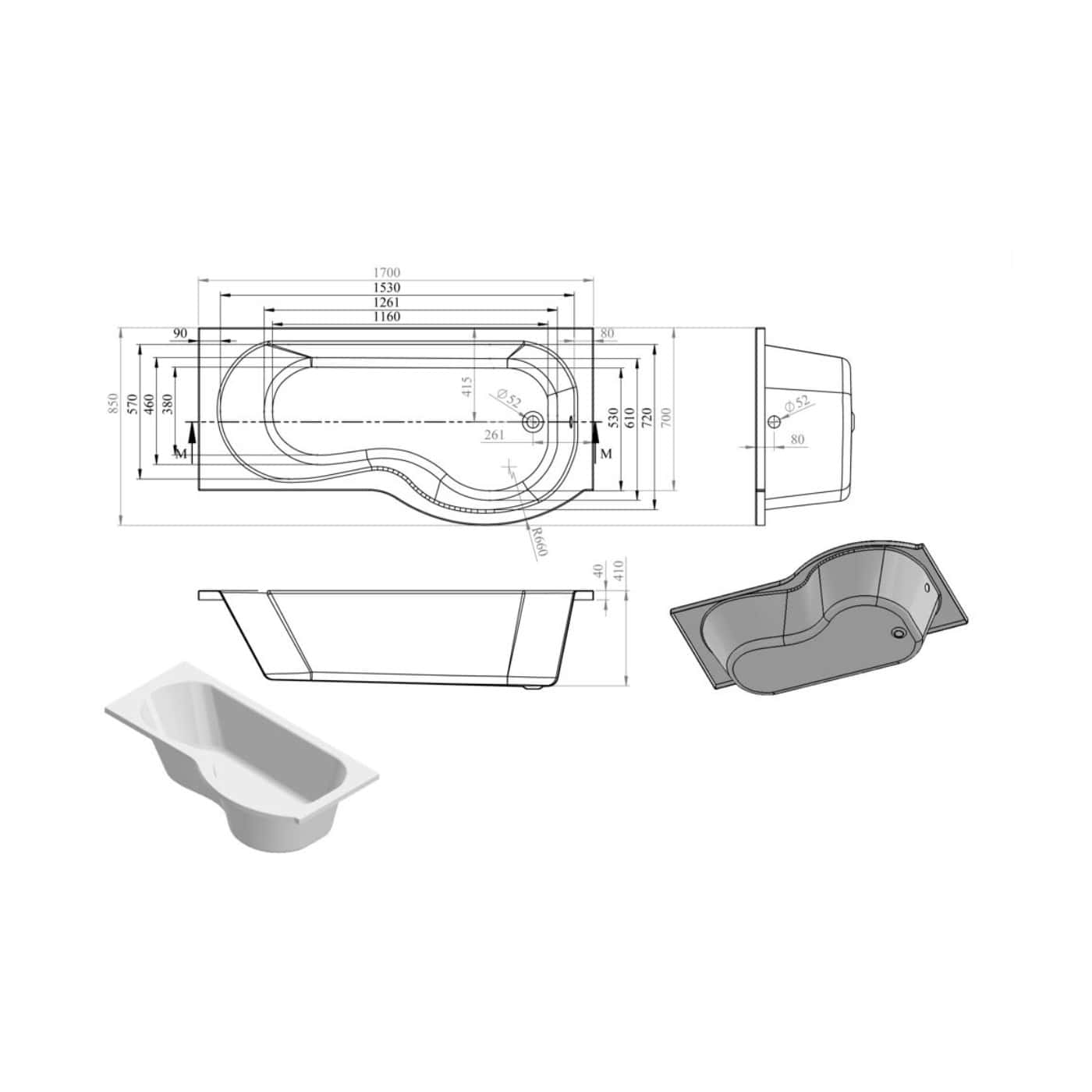 Modern bathroom bathtub with technical drawing, dimensions and 3D renderings for bathroom renovation projects. Suitable for bathroom design planning and installation.