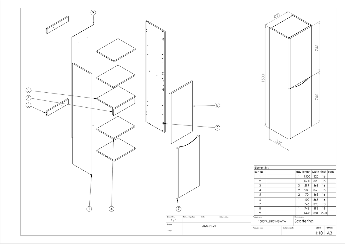 Scudo Bella 1500mm Tall Storage Unit - technical drawing with dimensions