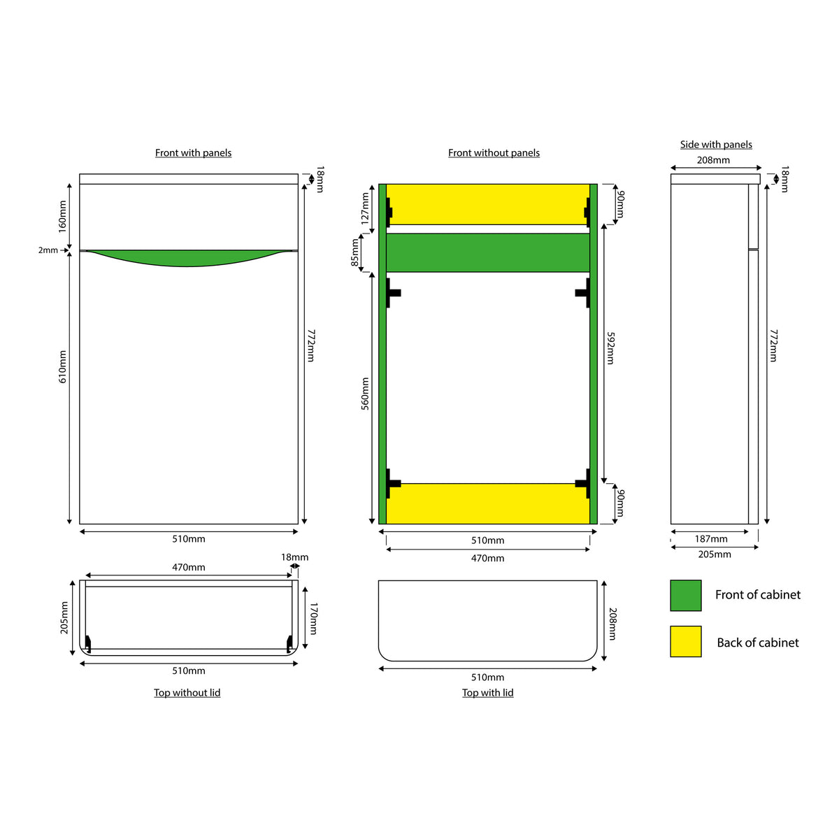 Scudo Bella 500mm Floor standing Wc Unit - technical drawing with dimensions