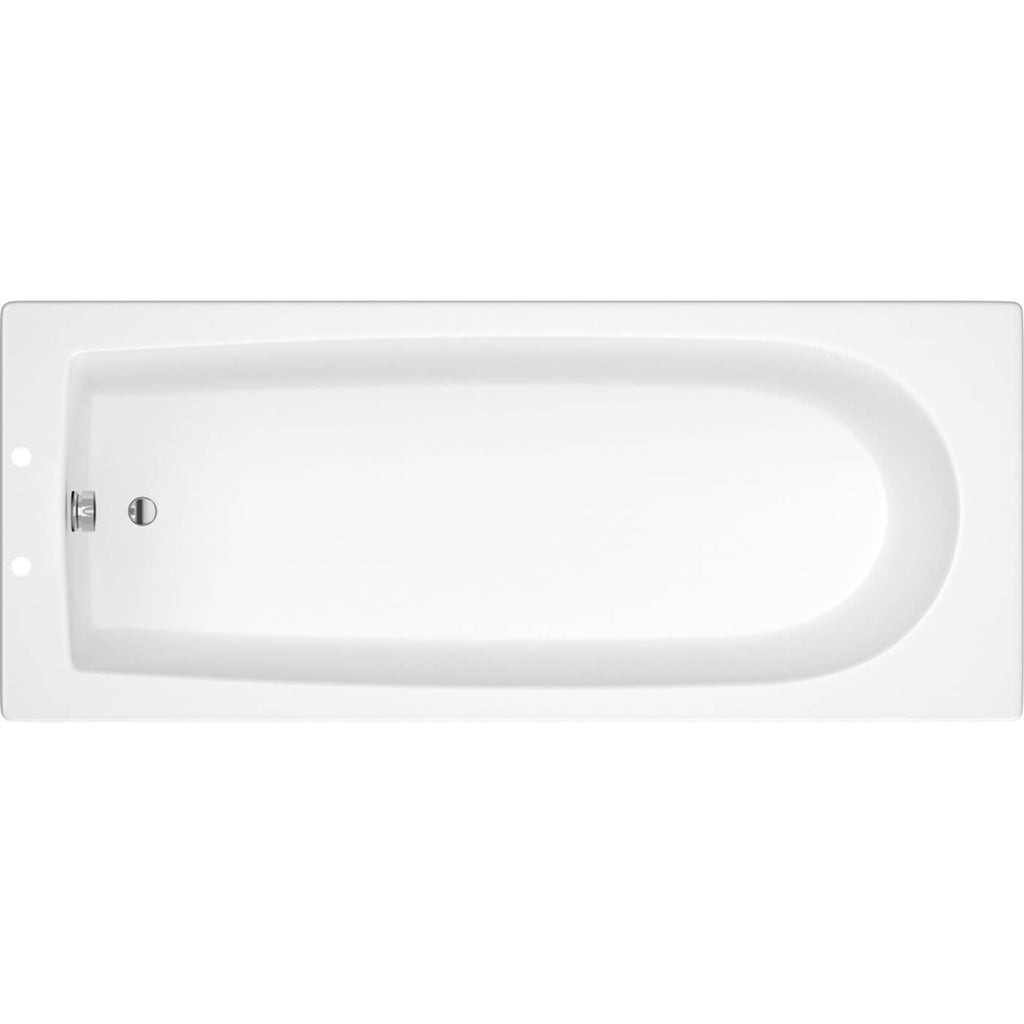 Sleek white rectangular bathtub with a smooth, curved interior, ideal for modern bathrooms and relaxation spaces, featuring a chrome drain and overflow.