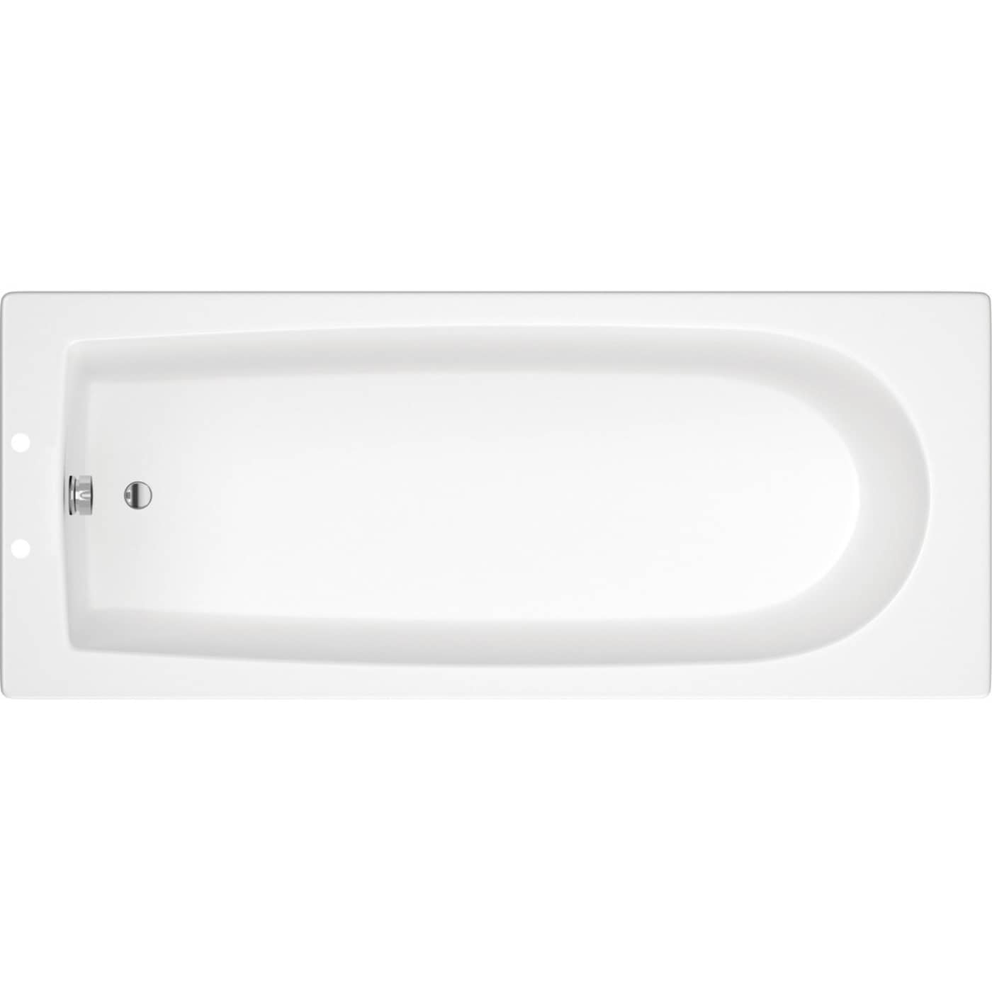 Sleek white rectangular bathtub with a smooth, curved interior, ideal for modern bathrooms and relaxation spaces, featuring a chrome drain and overflow.