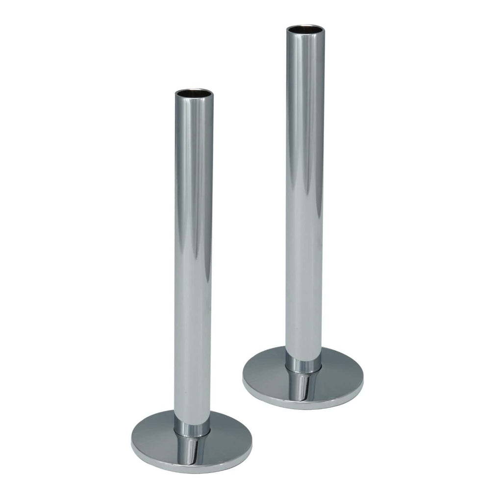 Polished chrome tubular bathroom towel rails with round bases, modern bathroom accessories for stylish towel storage.