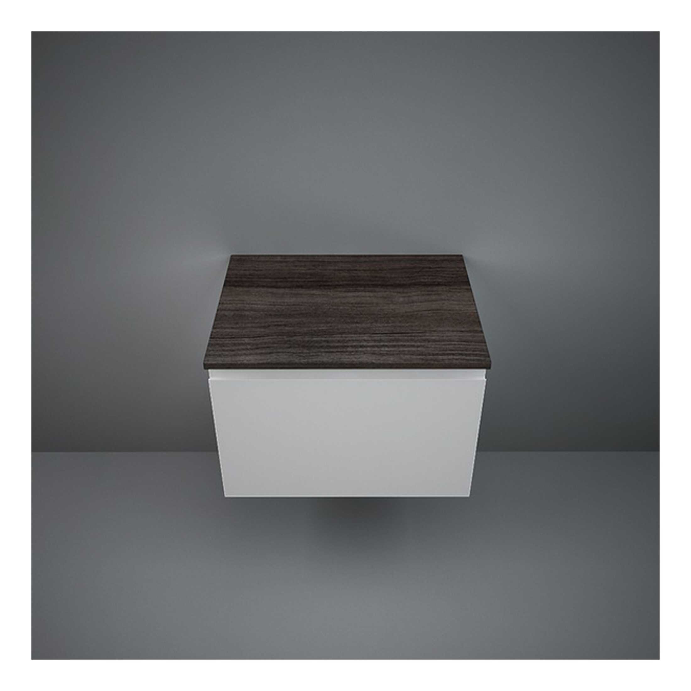 Modern bathroom vanity with a sleek white base and a dark wood countertop, ideal for contemporary bathroom designs and space-saving storage solutions.