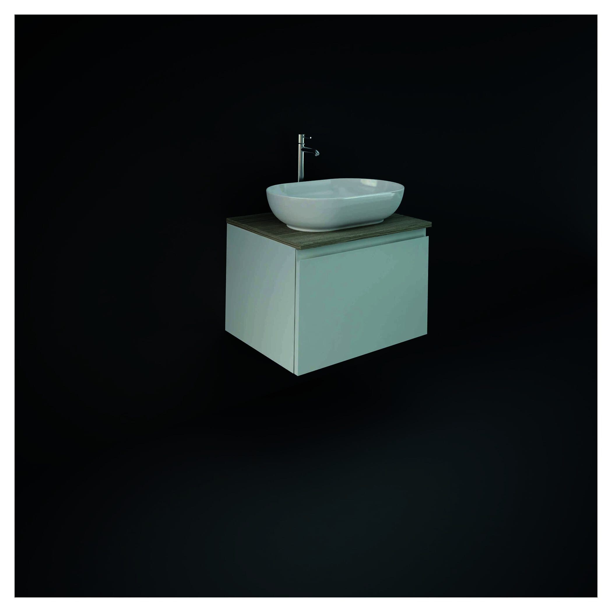 Contemporary bathroom vanity with a wooden countertop and modern vessel sink on a sleek white cabinet, suitable for stylish bathroom decor.
