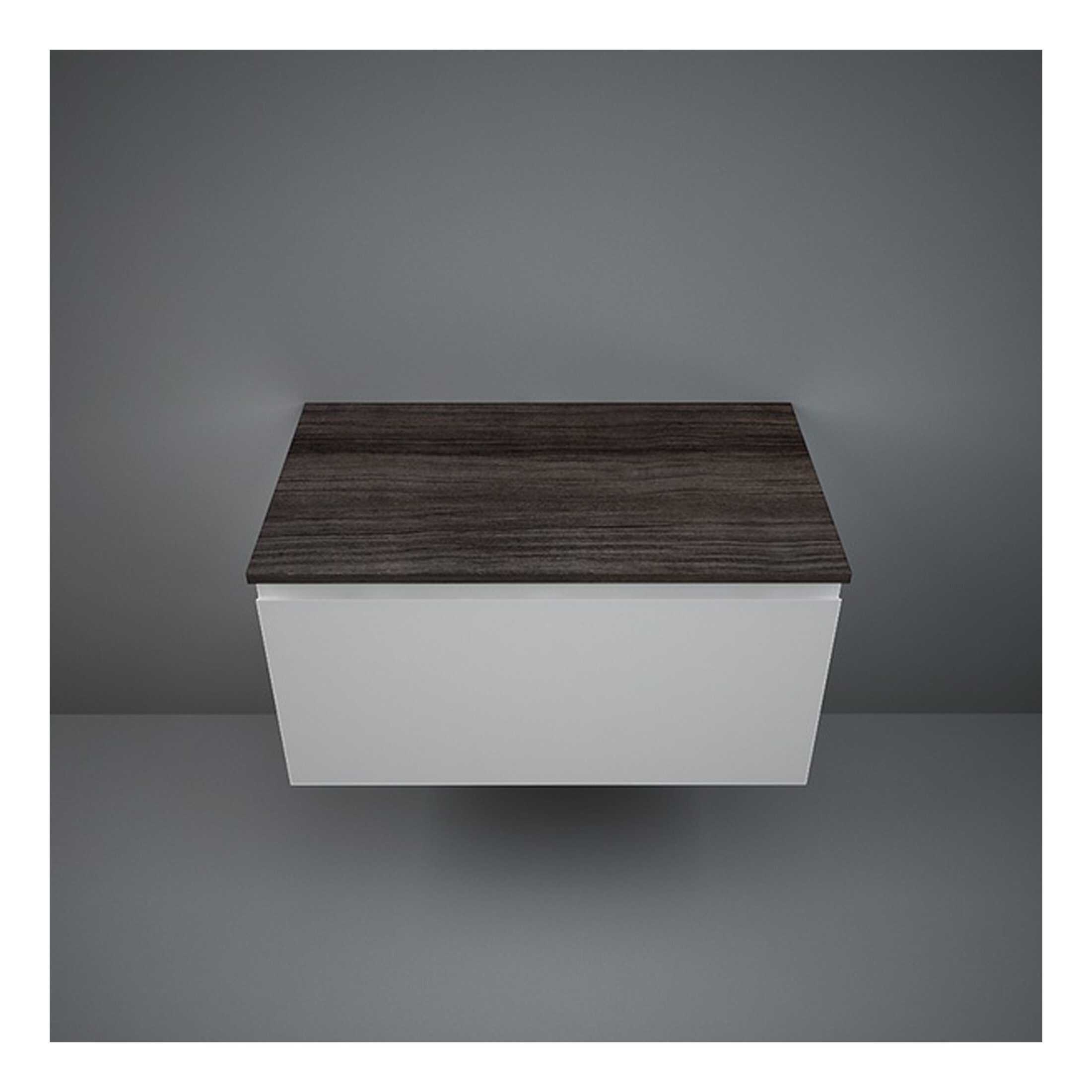 Sleek modern bathroom vanity with a dark wood finish on the top and a white storage cabinet, perfect for contemporary bathroom designs.