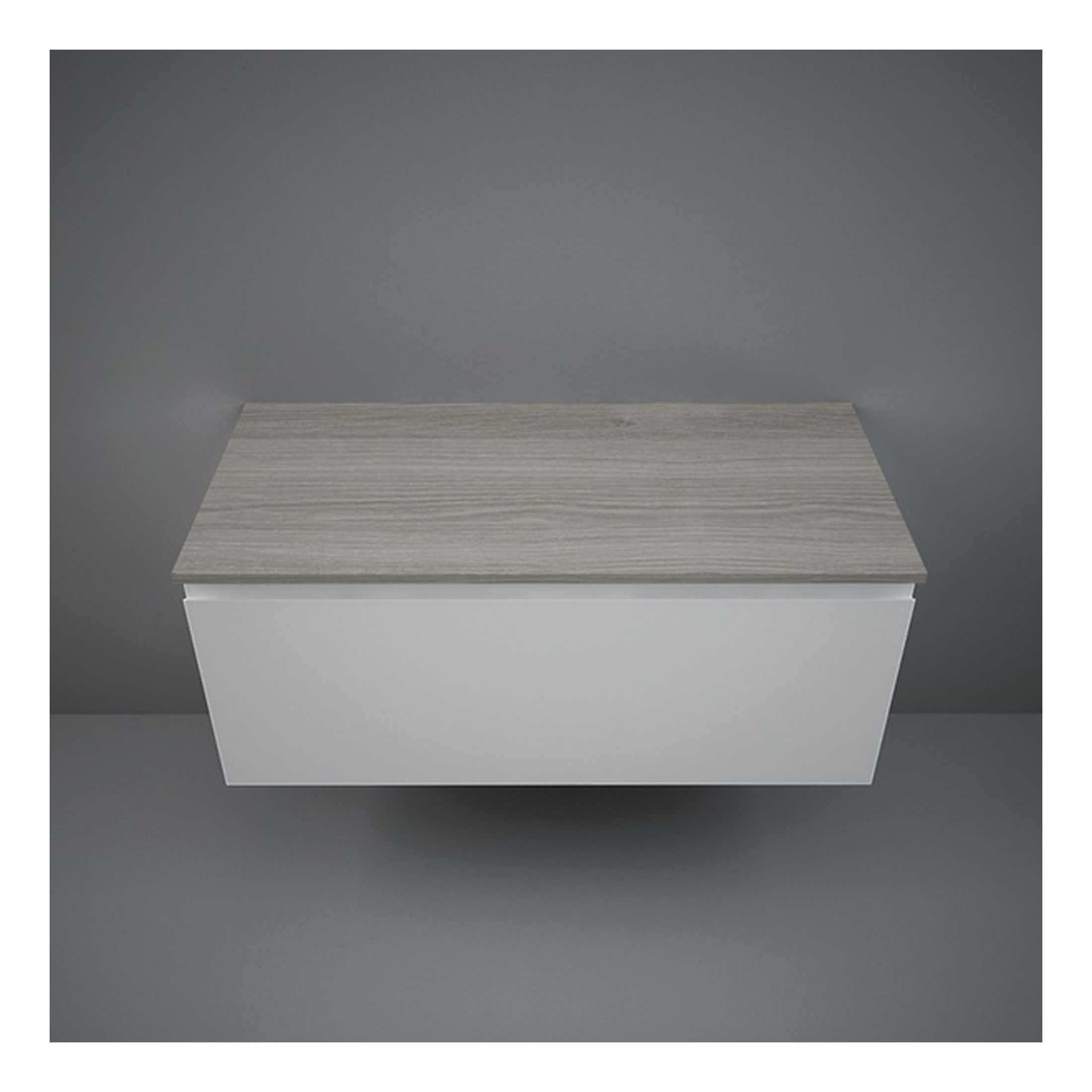 Modern bathroom storage cabinet with a sleek white finish and light wood effect top, ideal for organise and maximise space in contemporary bathrooms.