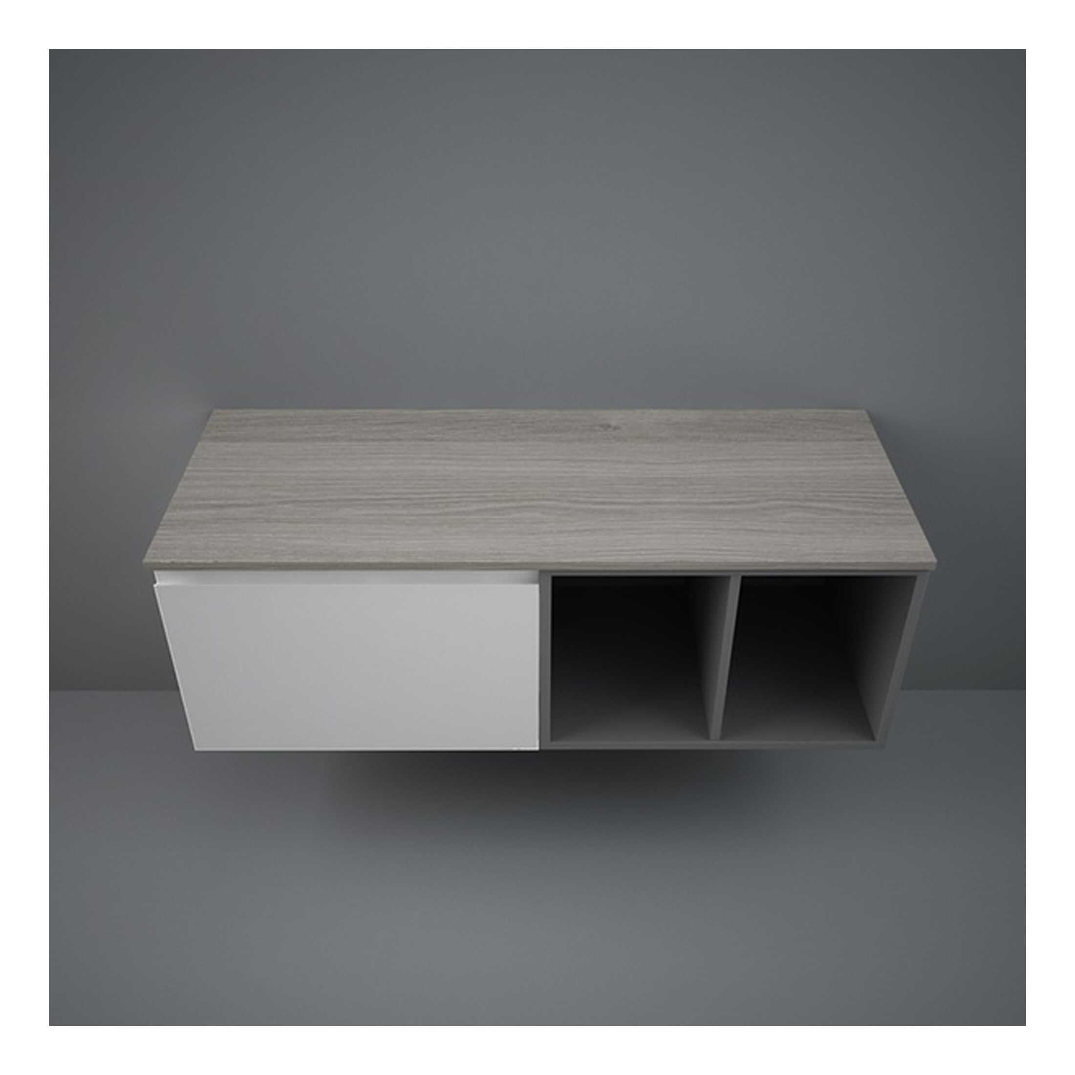 Modern minimalistic bathroom storage unit with a combination of open shelving and a closed compartment, featuring sleek white and wood finish, perfect for contemporary bathroom design.