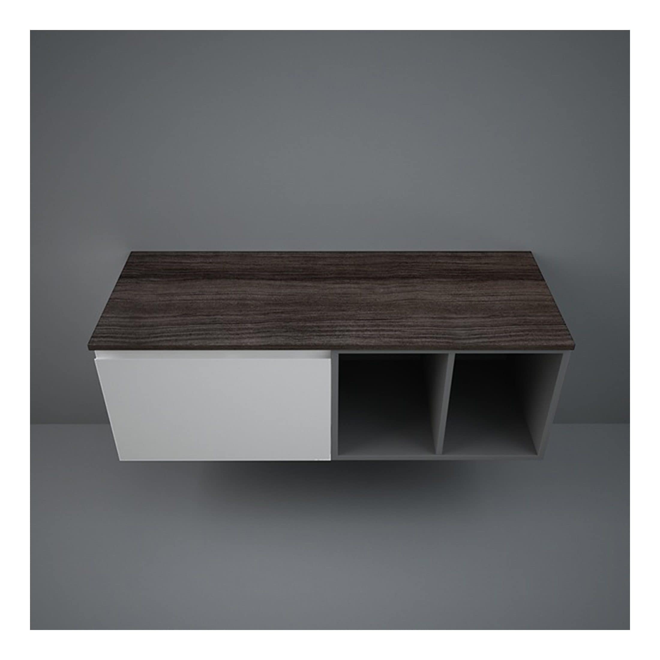 Modern bathroom storage unit with a sleek white finish and dark wood top, featuring open compartments for toiletries and a closed cabinet for concealed storage, ideal for contemporary bathroom decor.