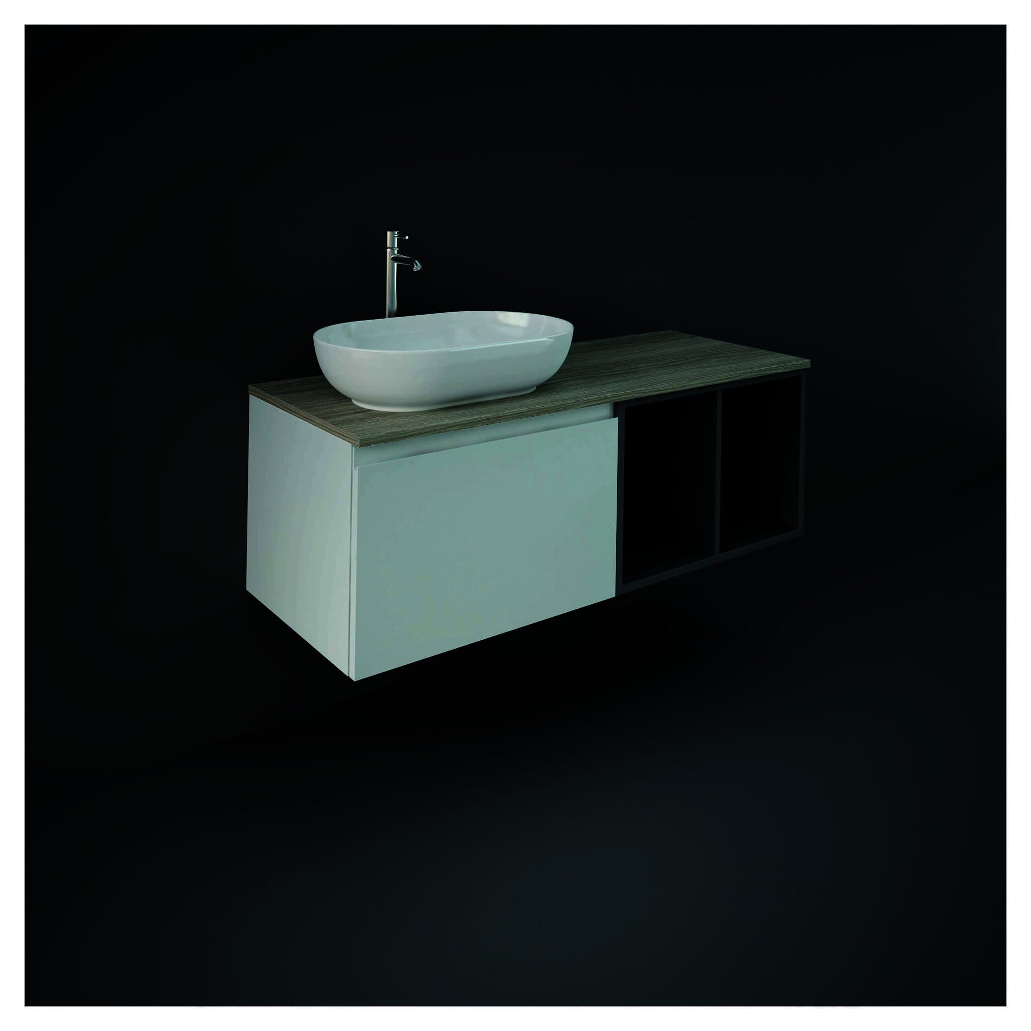 Modern bathroom vanity with a sleek white vessel sink and a minimalist wooden countertop, perfect for contemporary bathroom designs.