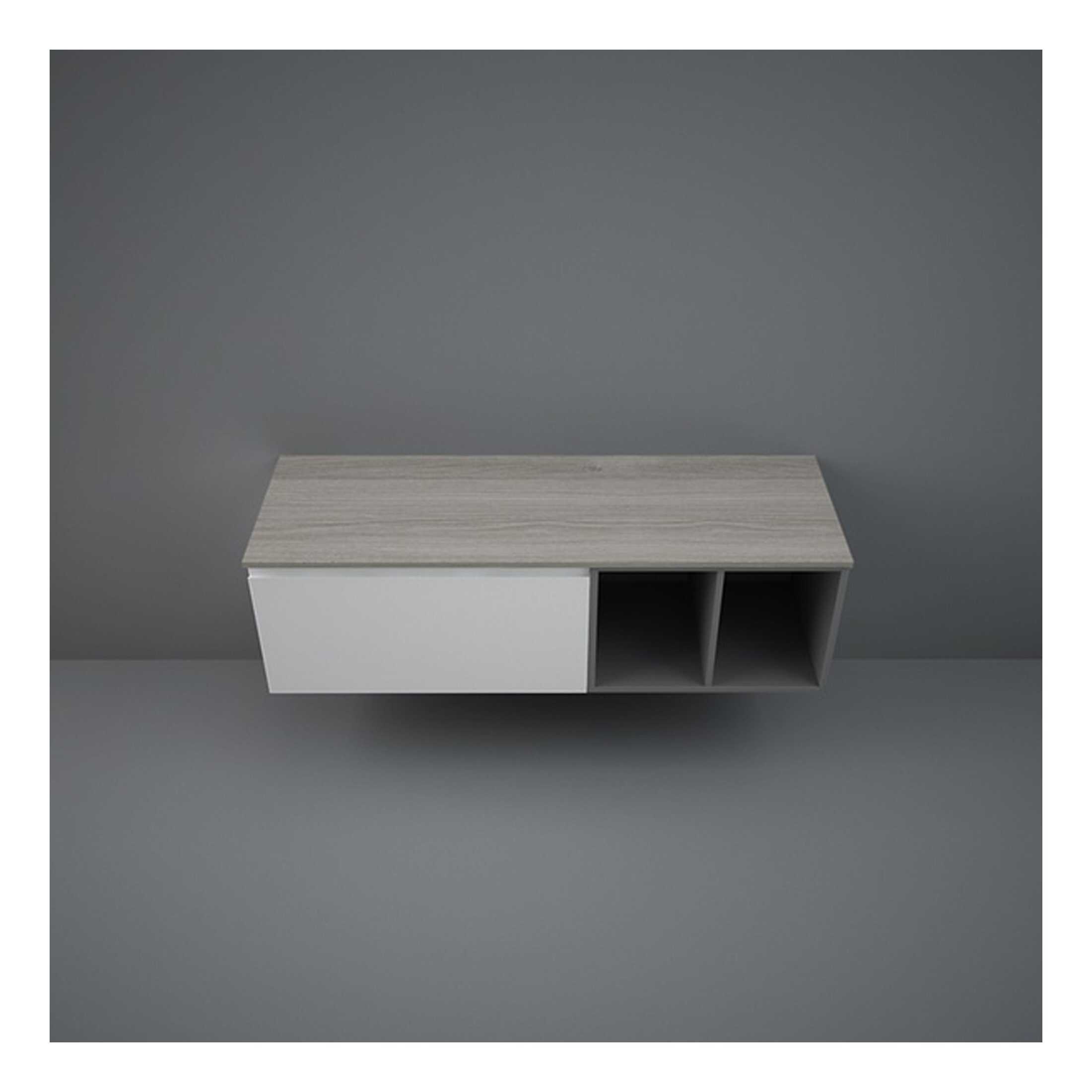 Minimalist modern bathroom storage unit with wood finish and open cubby design for organise toiletries and accessories. Perfect for contemporary bathroom spaces.