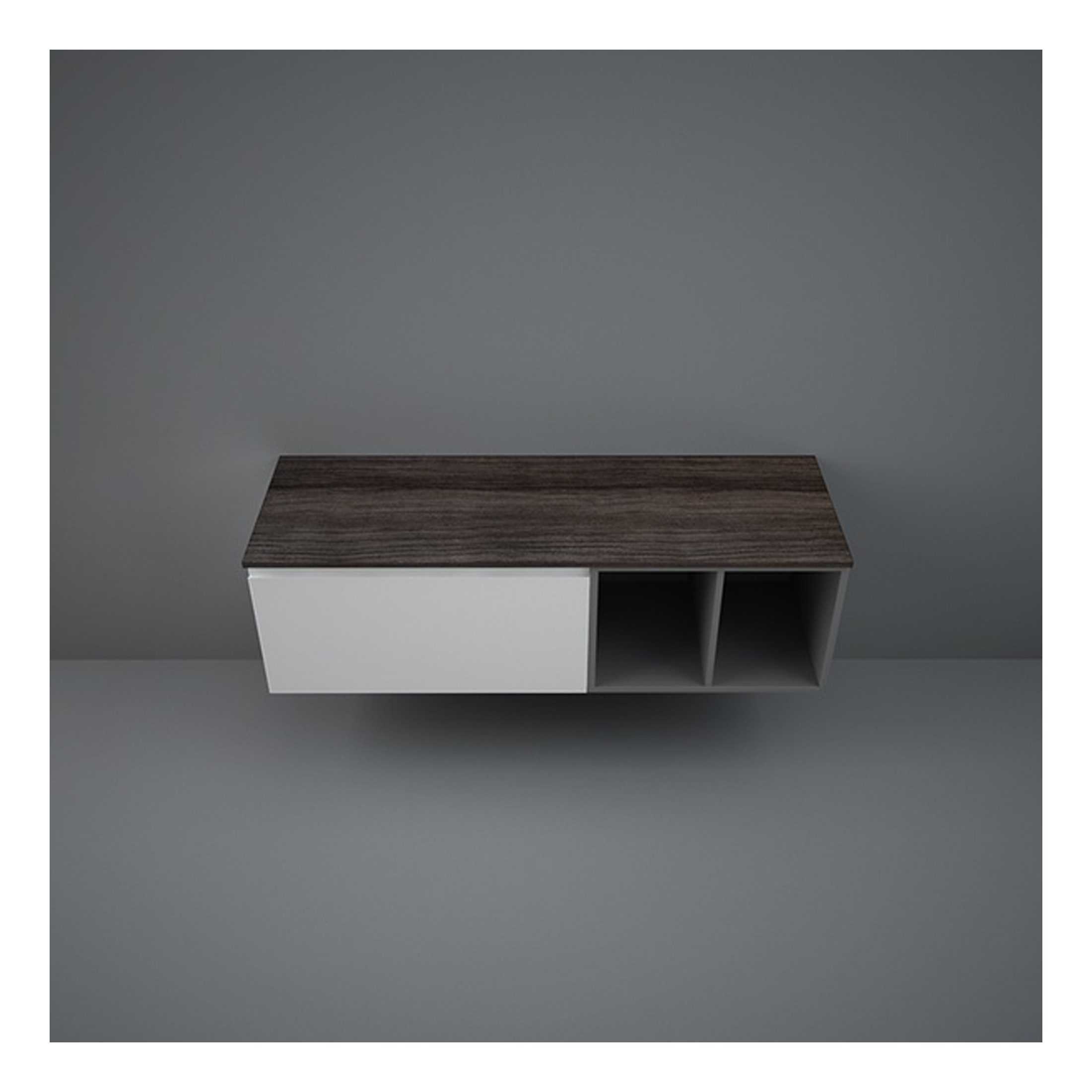 Modern wall-mounted bathroom storage unit with a dark wooden top and white finish, featuring open cubby spaces and sleek design for stylish bathroom organisation.