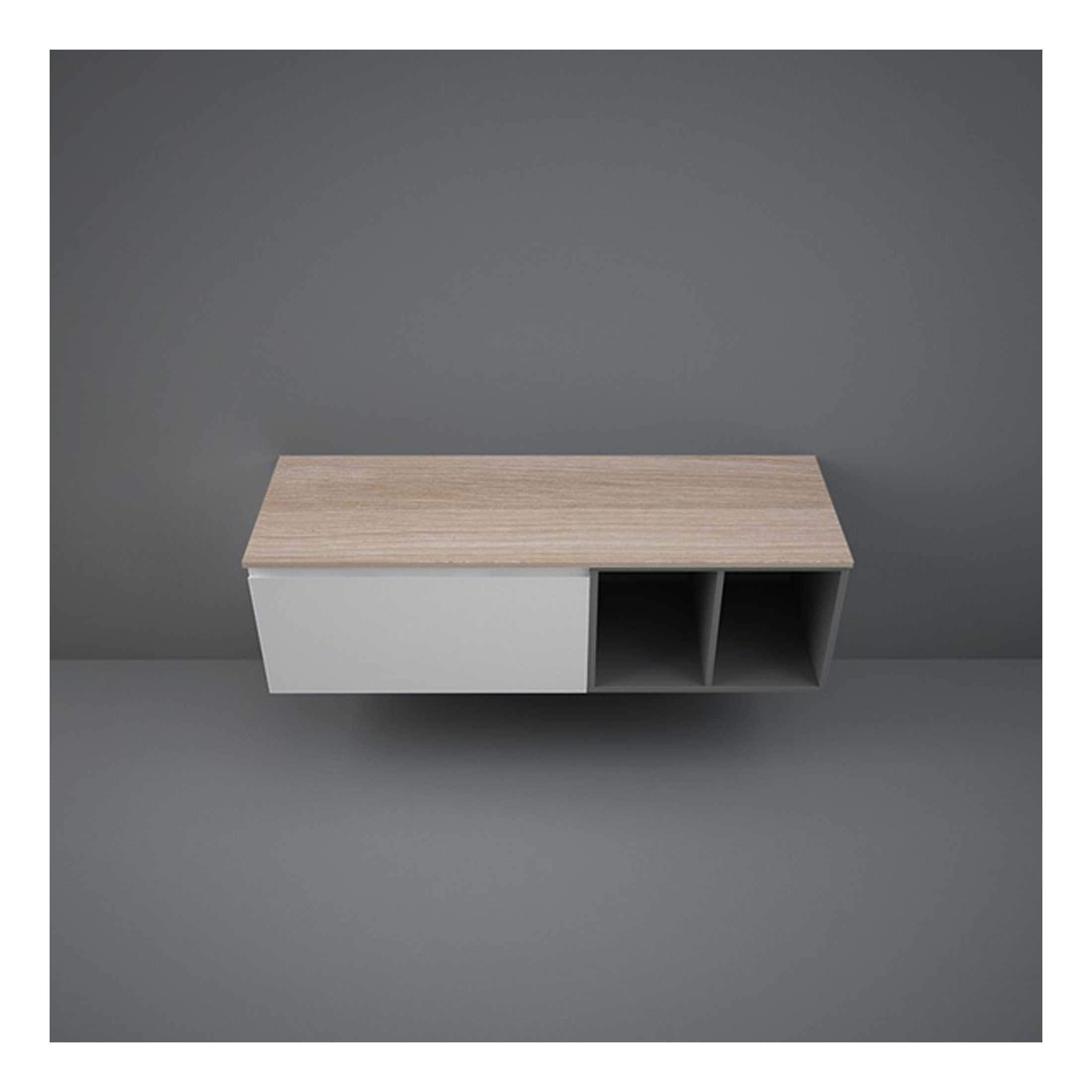 Modern wall-mounted bathroom storage unit with a light wood finish and open shelving, perfect for contemporary bathroom organisation.
