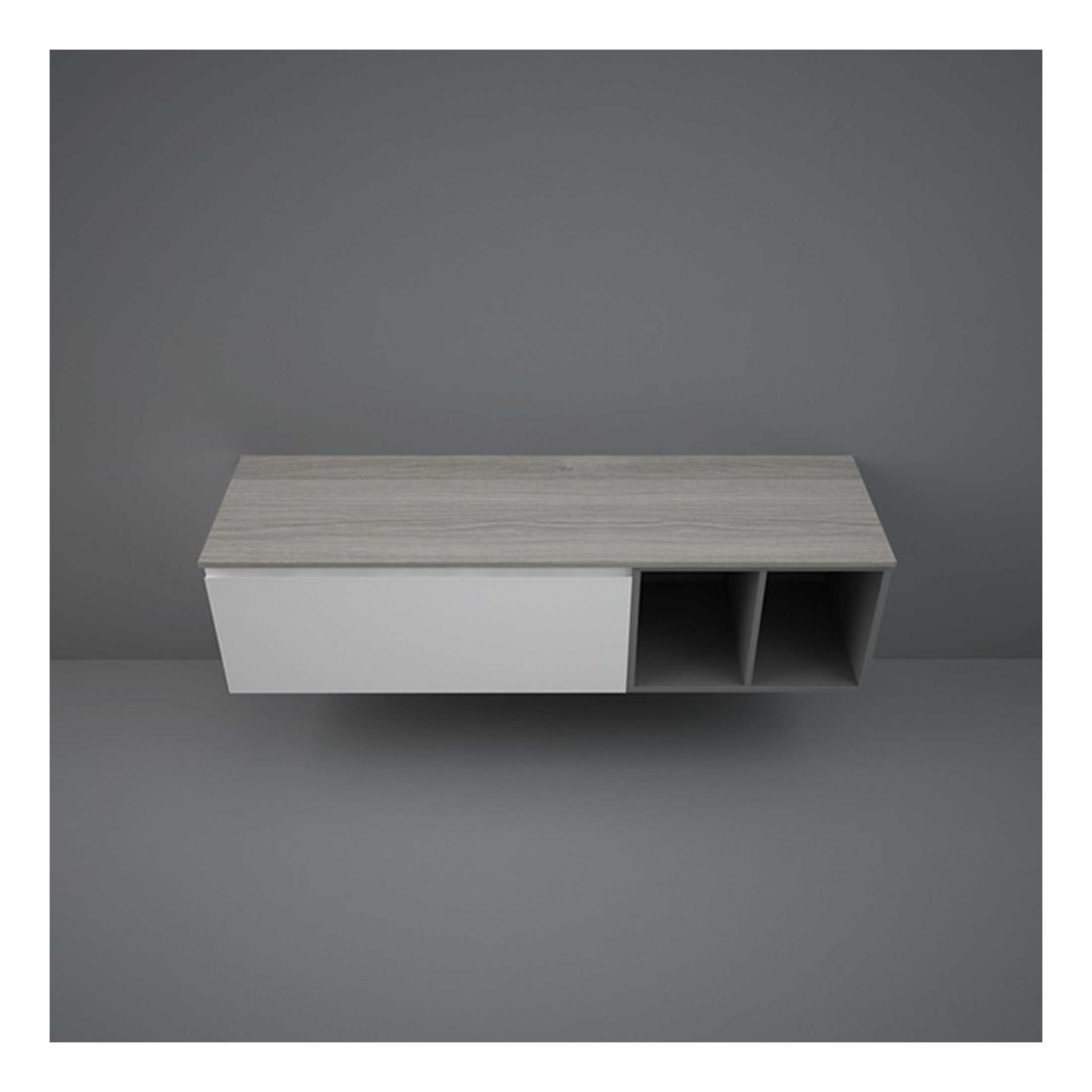 Contemporary floating bathroom vanity with open storage compartments, sleek grey and white finish, ideal for modern bathroom decor and organisation.