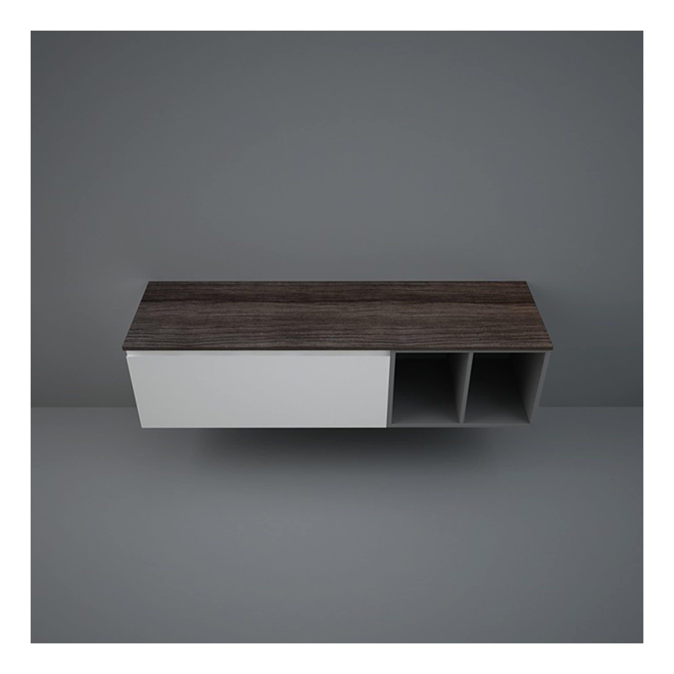 Modern wall-mounted bathroom storage unit with a sleek wood-look top and open shelving, ideal for organising essentials in contemporary bathrooms.