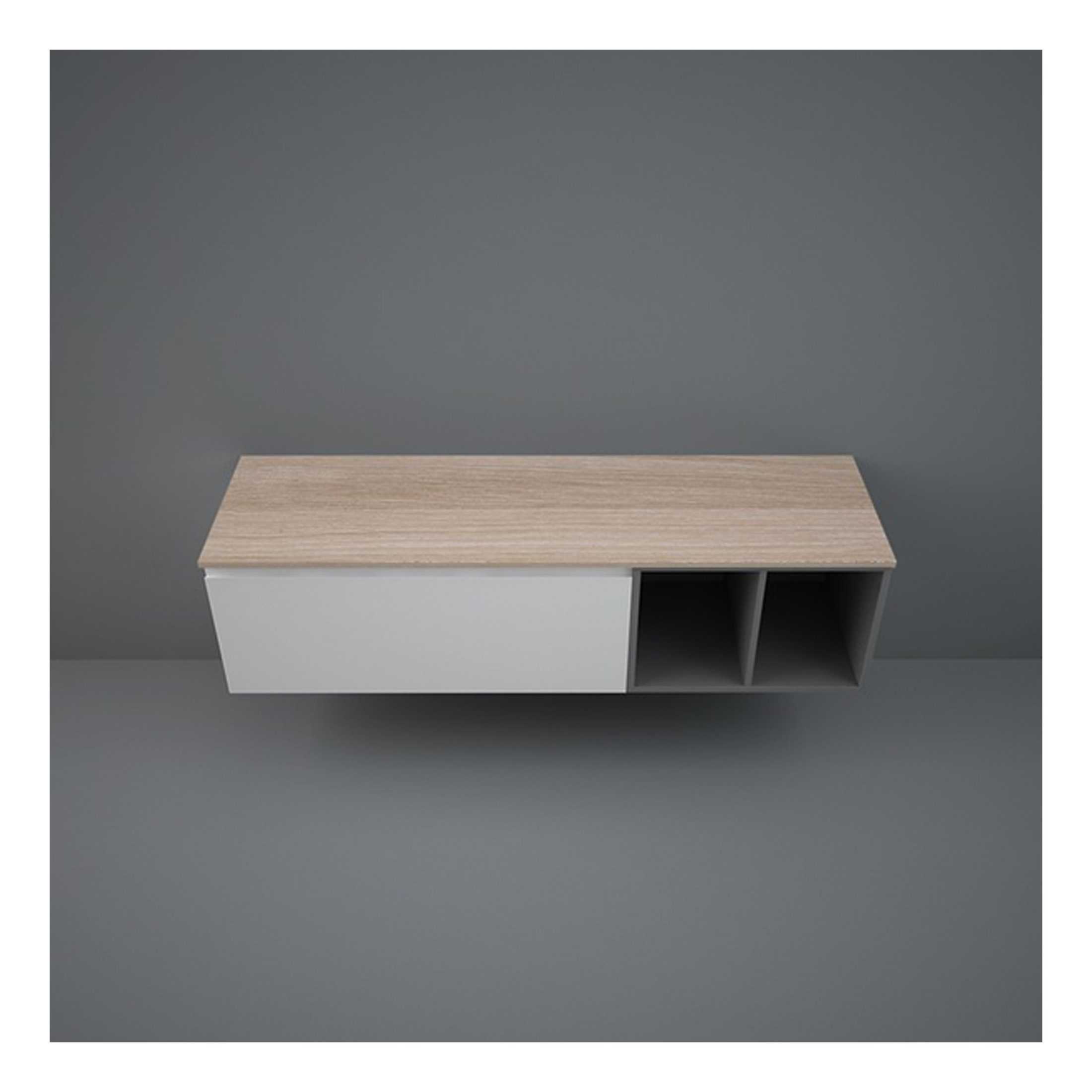 Modern minimalist bathroom storage unit with wooden and white finishes, designed for sleek and functional bathroom organisation. Perfect for contemporary bathroom decor.