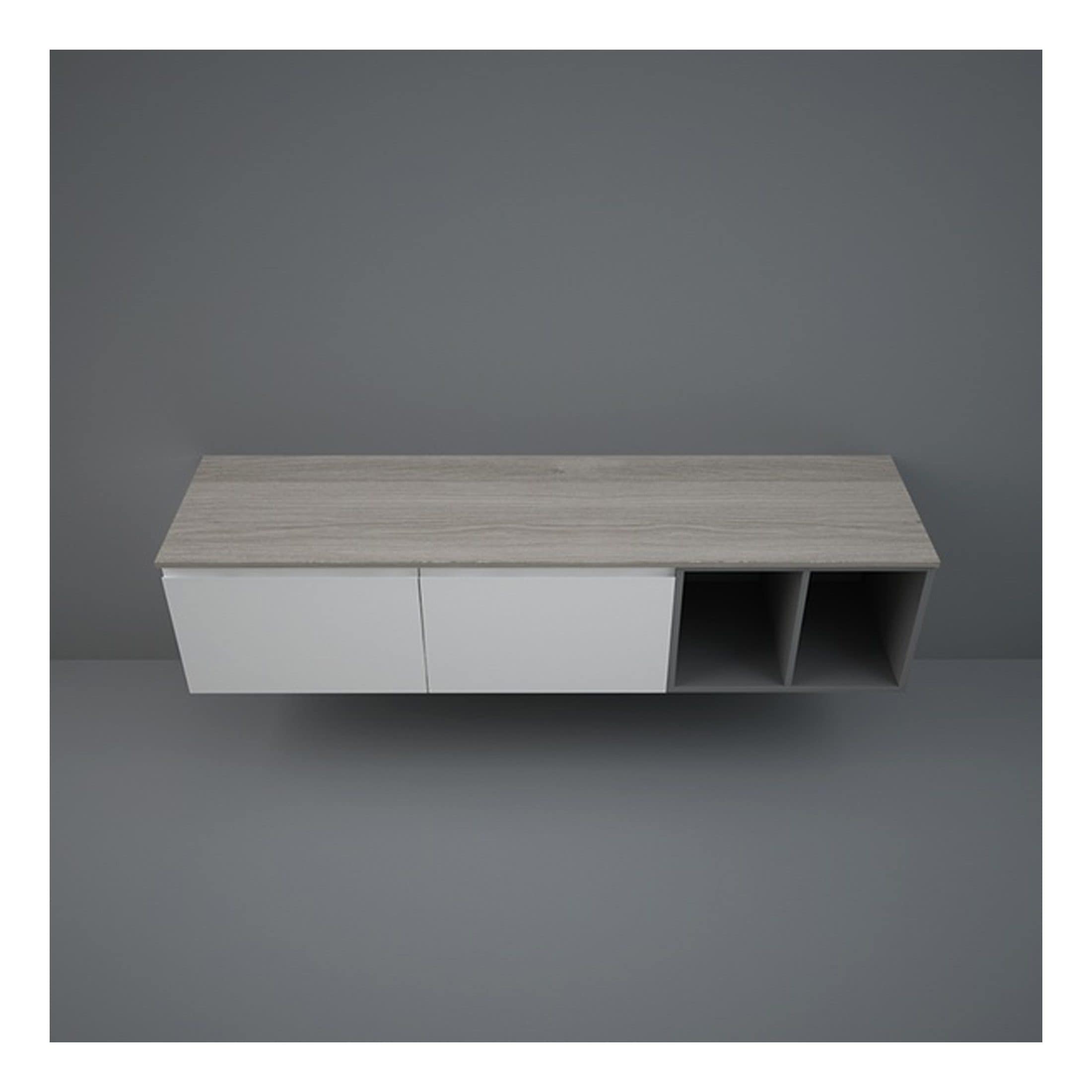 Modern floating wall-mounted bathroom storage unit with white cabinets and open grey cubicles, ideal for bathroom organisation and contemporary decor.