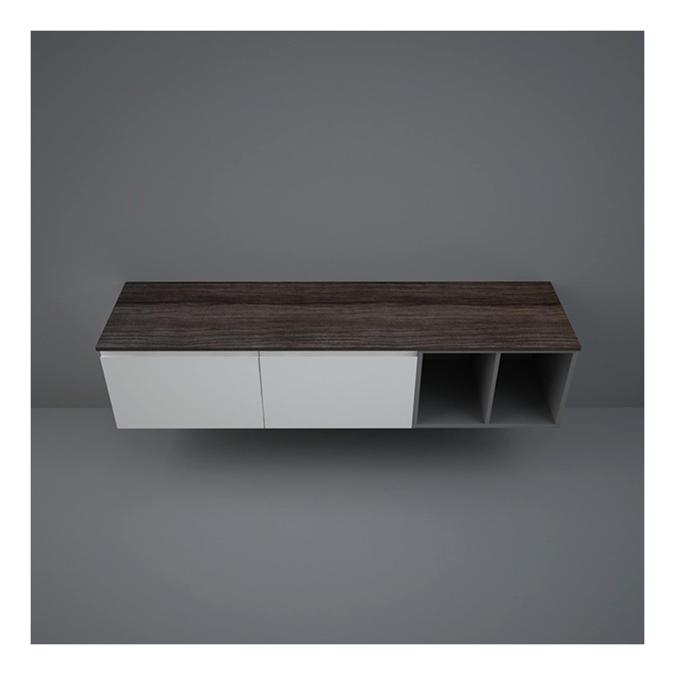 Contemporary wooden and white bathroom wall-mounted storage unit with open cubbies and sleek design, ideal for modern bathroom decor and organisation.