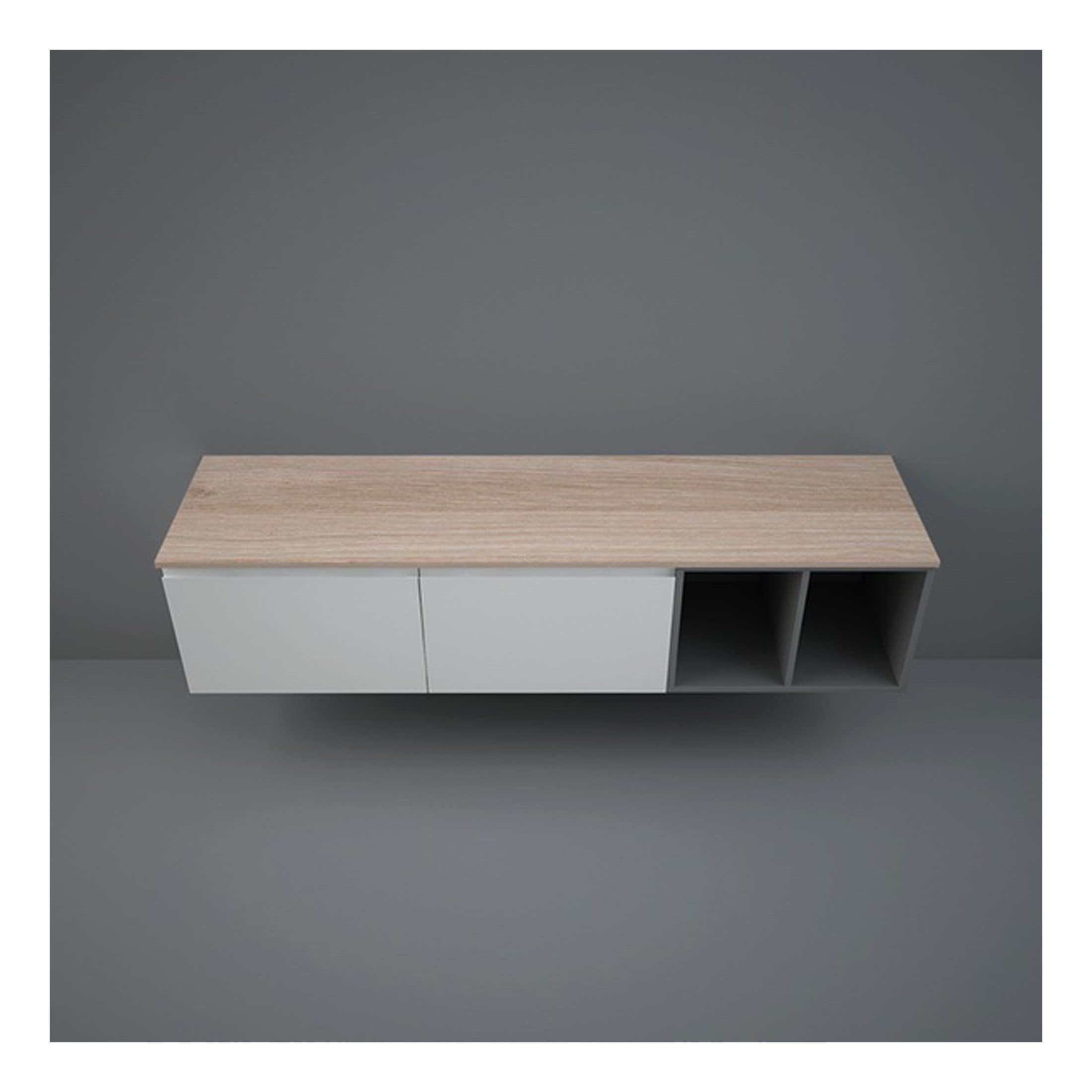 Modern minimalist bathroom storage unit with white and wooden finishes, ideal for contemporary bathroom design and organisation.