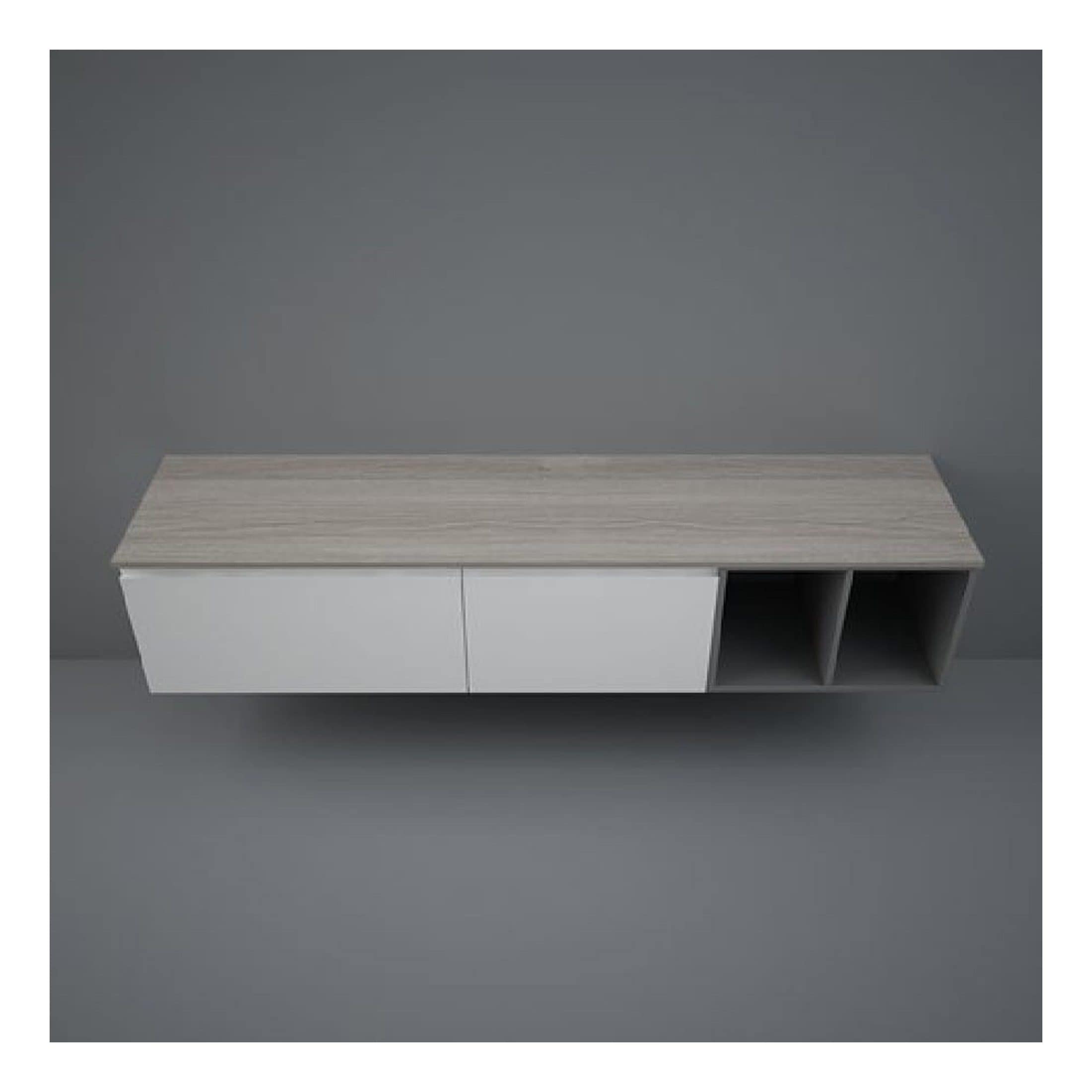 Minimalist bathroom storage unit with a wood-effect countertop, white cabinet doors, and open cubby spaces for organisation. Ideal for modern bathrooms, combining style and functionality.