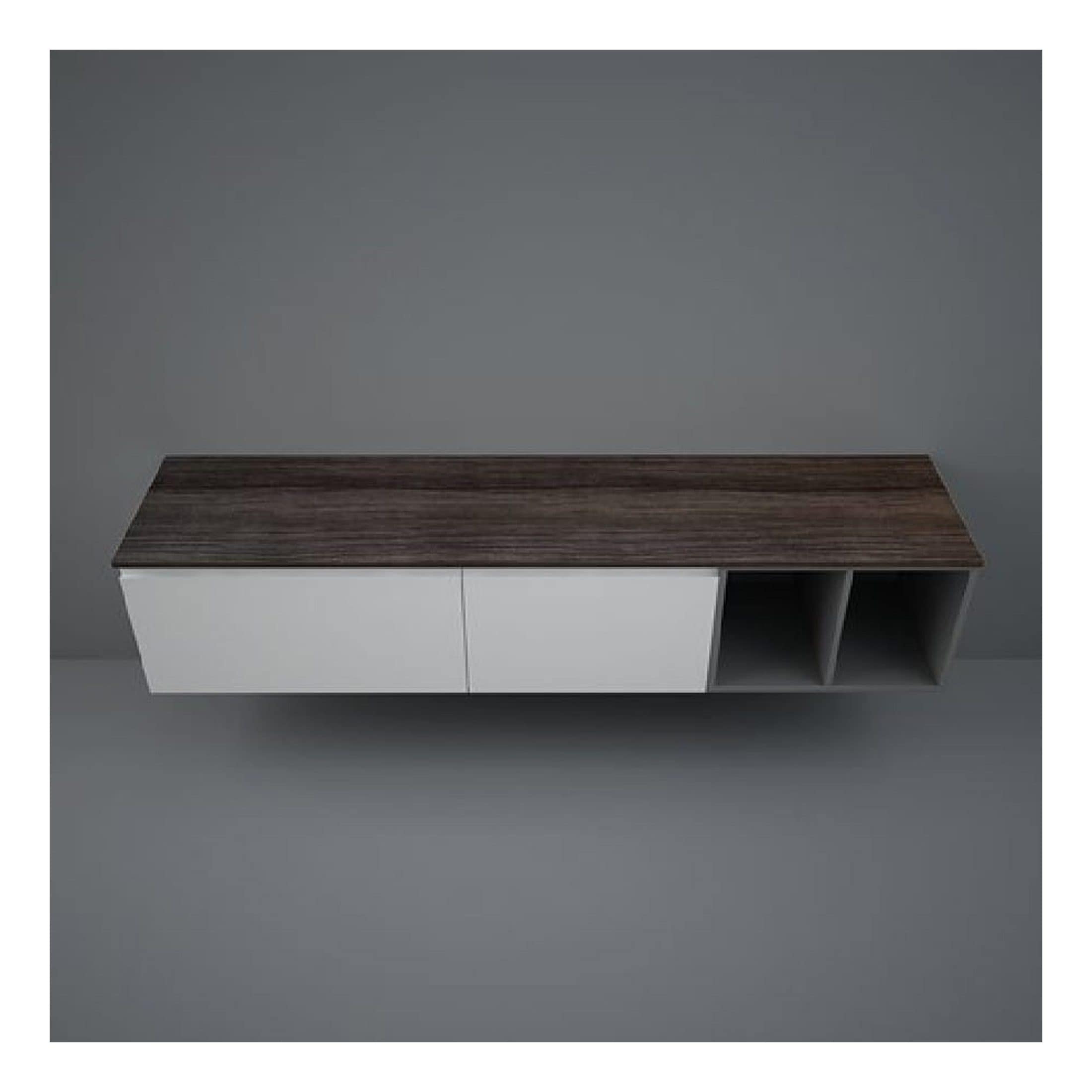 Sleek modern bathroom wall-mounted storage unit with white cupboards and open shelf compartments, featuring a dark wood-effect top for stylish bathroom organisation.