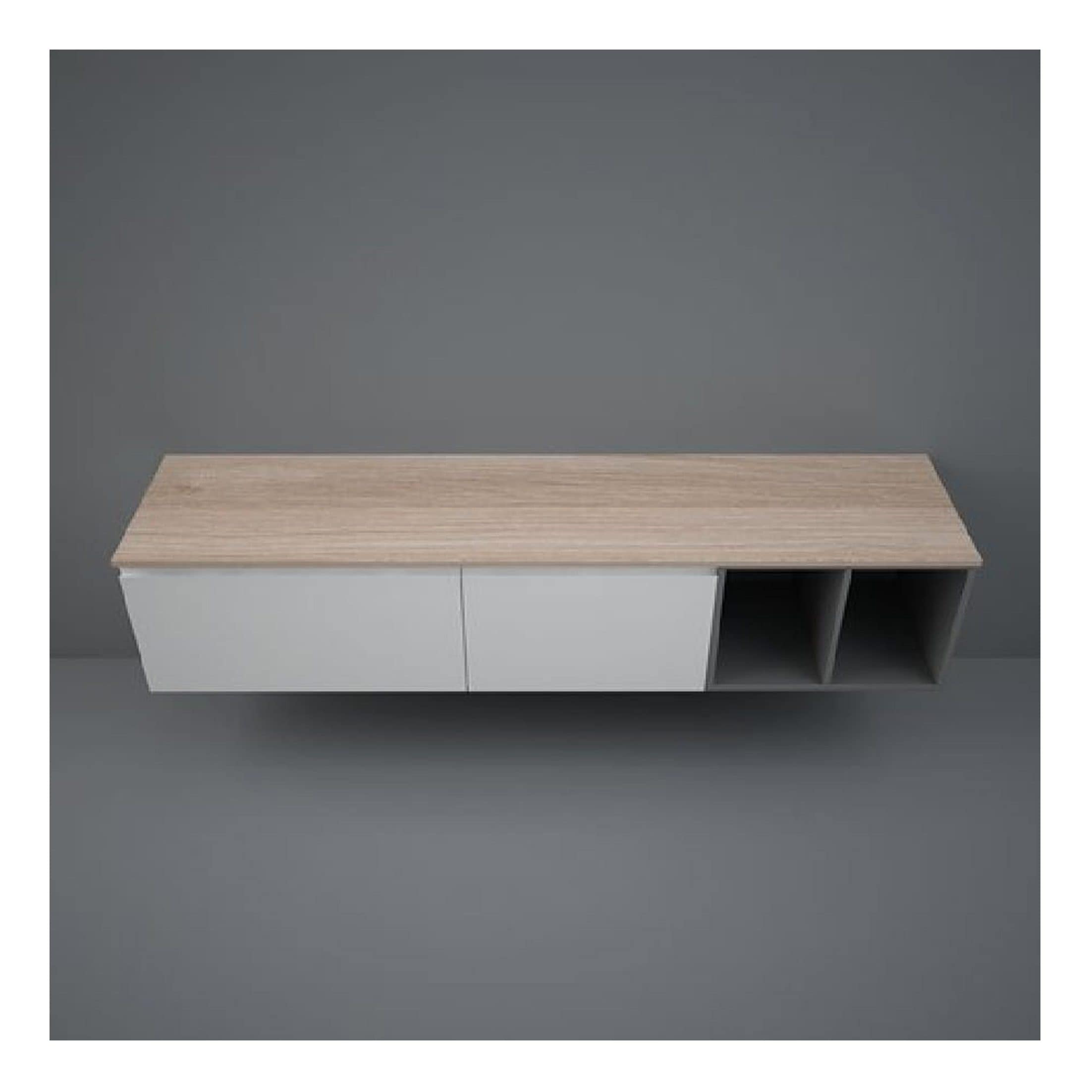 Contemporary floating bathroom storage unit with white and wood finish, ideal for modern bathrooms. Sleek design provides practical storage for bathroom essentials while enhancing space aesthetics.