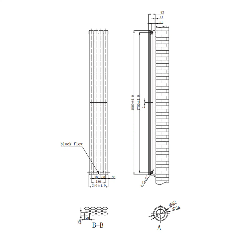 Block flow radiator technical drawing with detailed measurements for modern bathroom heating.