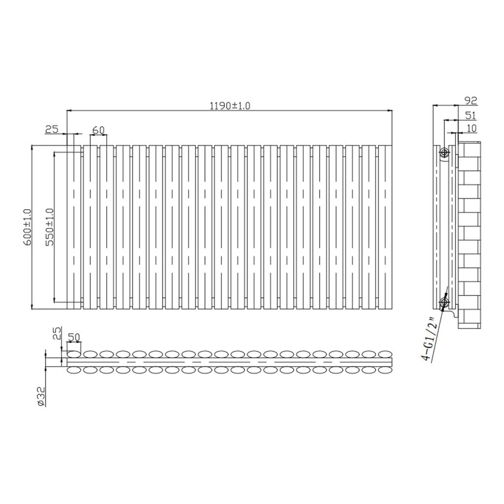High-quality radiator design diagram with detailed measurements and technical specifications for modern bathroom heating solutions. Perfect for bathroom renovation projects and plumbing professionals.