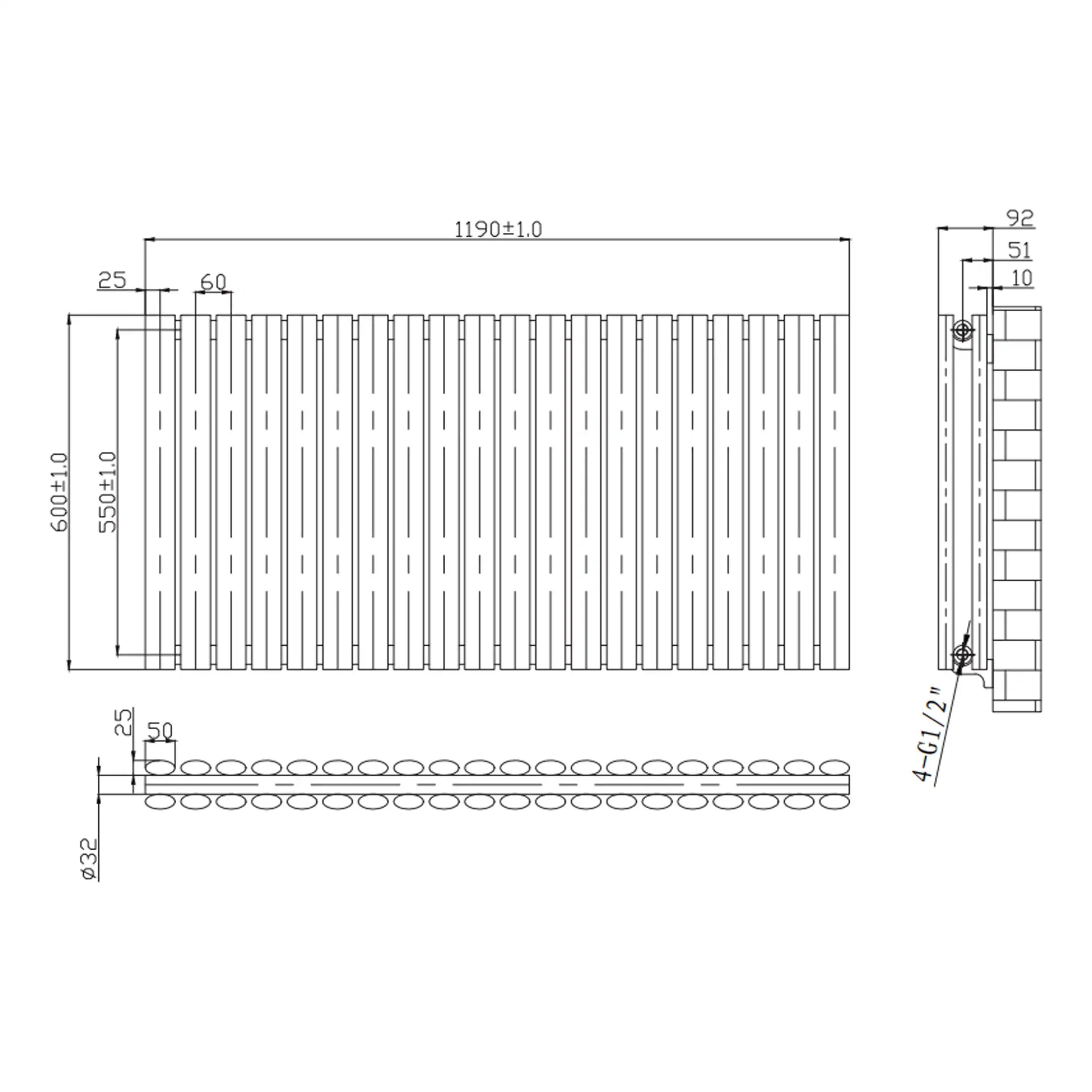 High-quality radiator design diagram with detailed measurements and technical specifications for modern bathroom heating solutions. Perfect for bathroom renovation projects and plumbing professionals.
