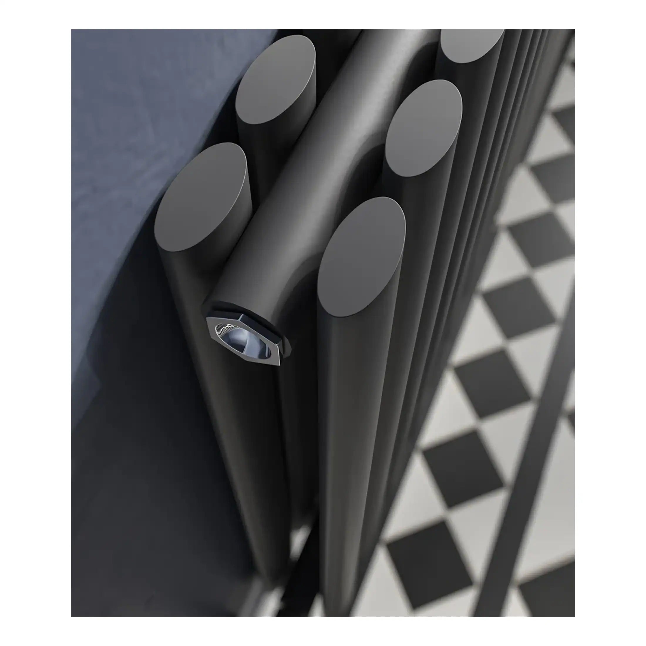 Radiator with modern matte black finish and vintage-style valve in a contemporary bathroom setting. Perfect for adding warmth and style to your bathroom with high-quality bubly.co.uk bathroom radiators.