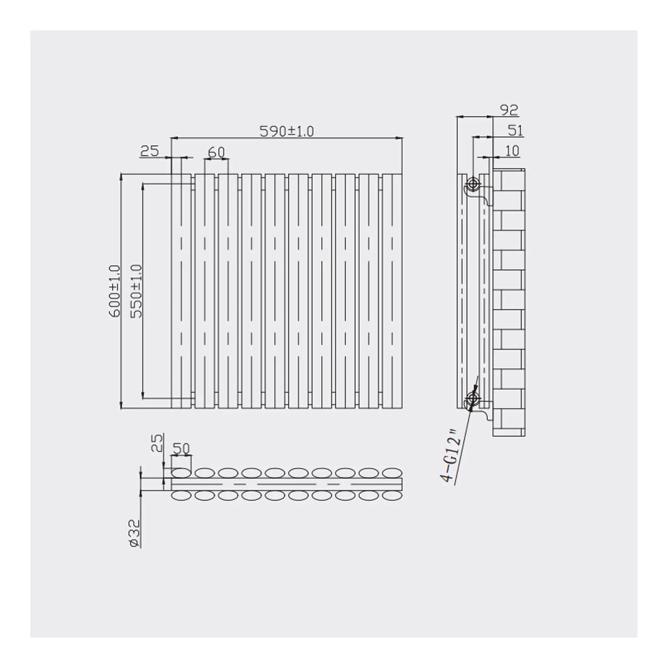 High-quality radiator technical blueprint showcasing modern bathroom heating solutions with precise measurements and installation details. Ideal for bathroom renovation projects.