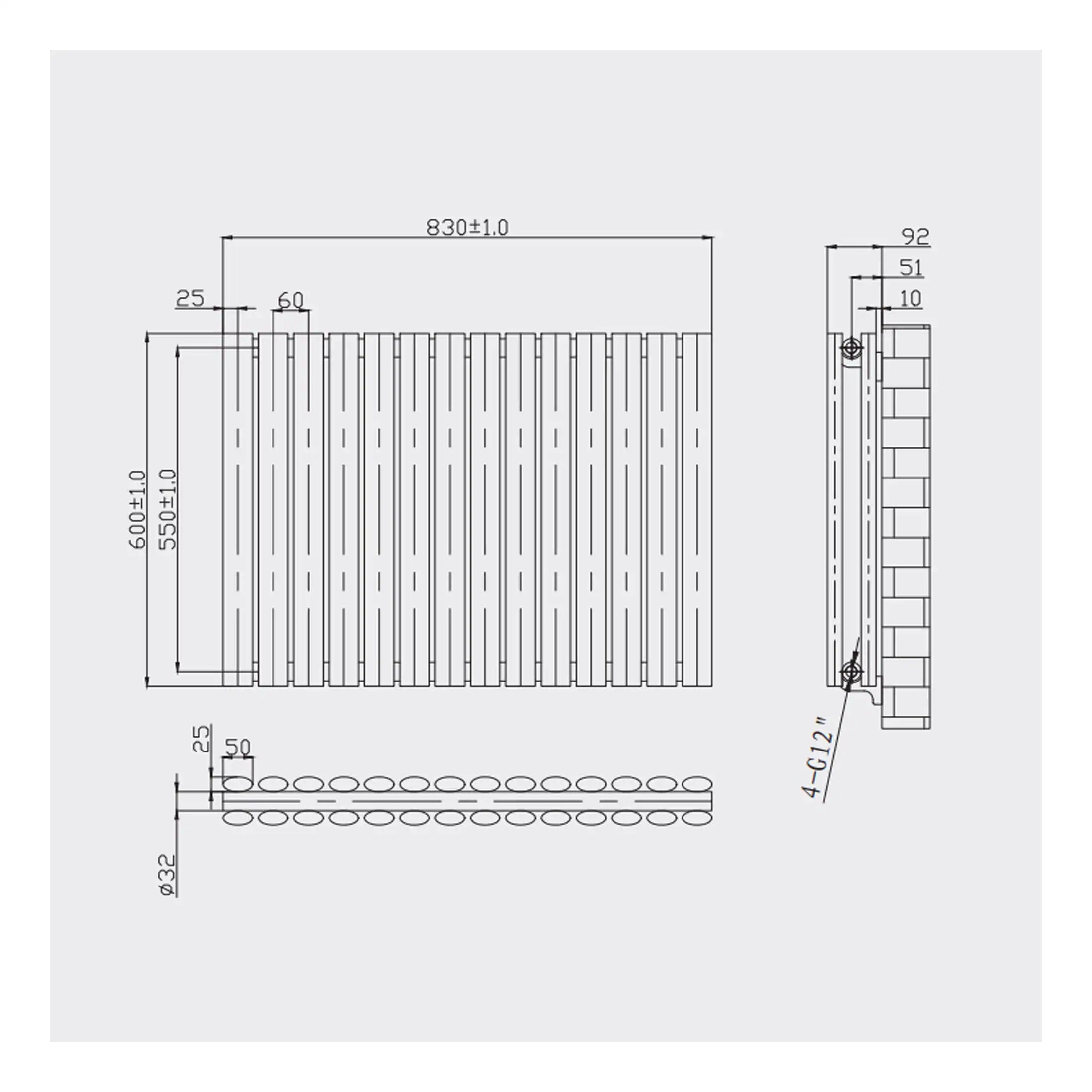 Aluminium radiator technical drawing with precise measurements for modern bathroom heating solutions.