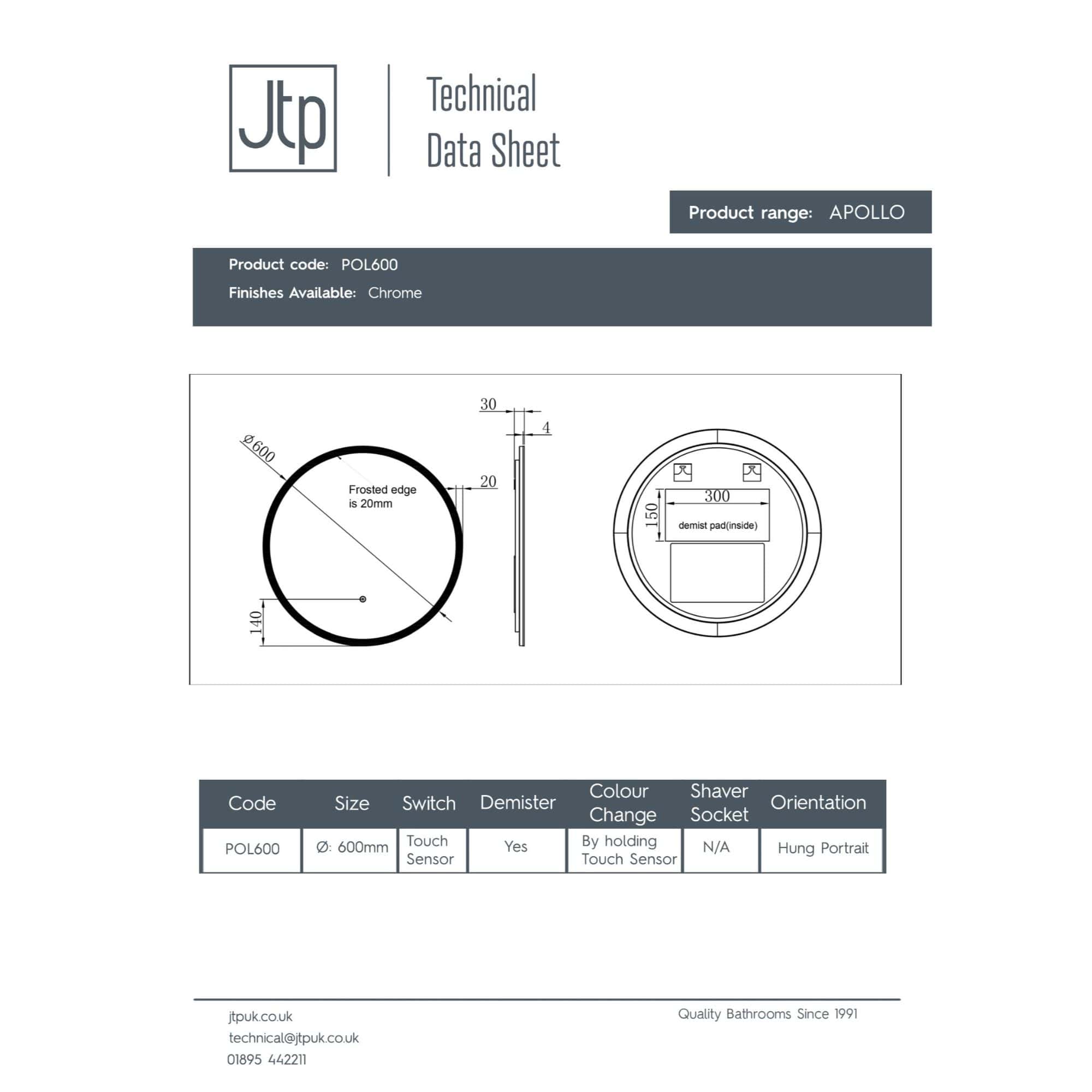 A modern, round chrome bathroom mirror with frosted edge, 600mm diameter, featuring a touch sensor switch and demist pad, ideal for contemporary bathroom interiors.