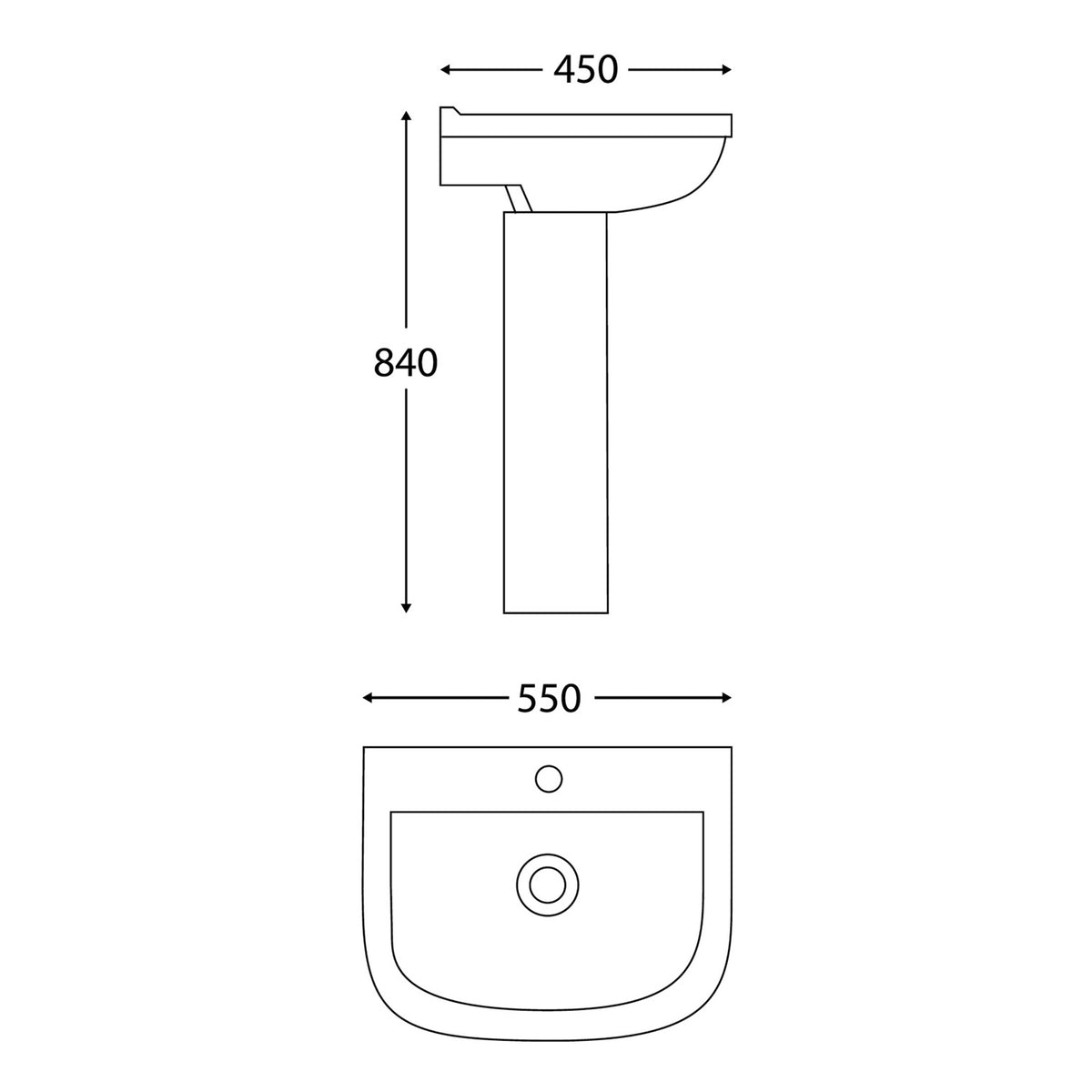 Scudo Porto 550mm Basin With Full Pedestal - White - technical drawing with dimensions