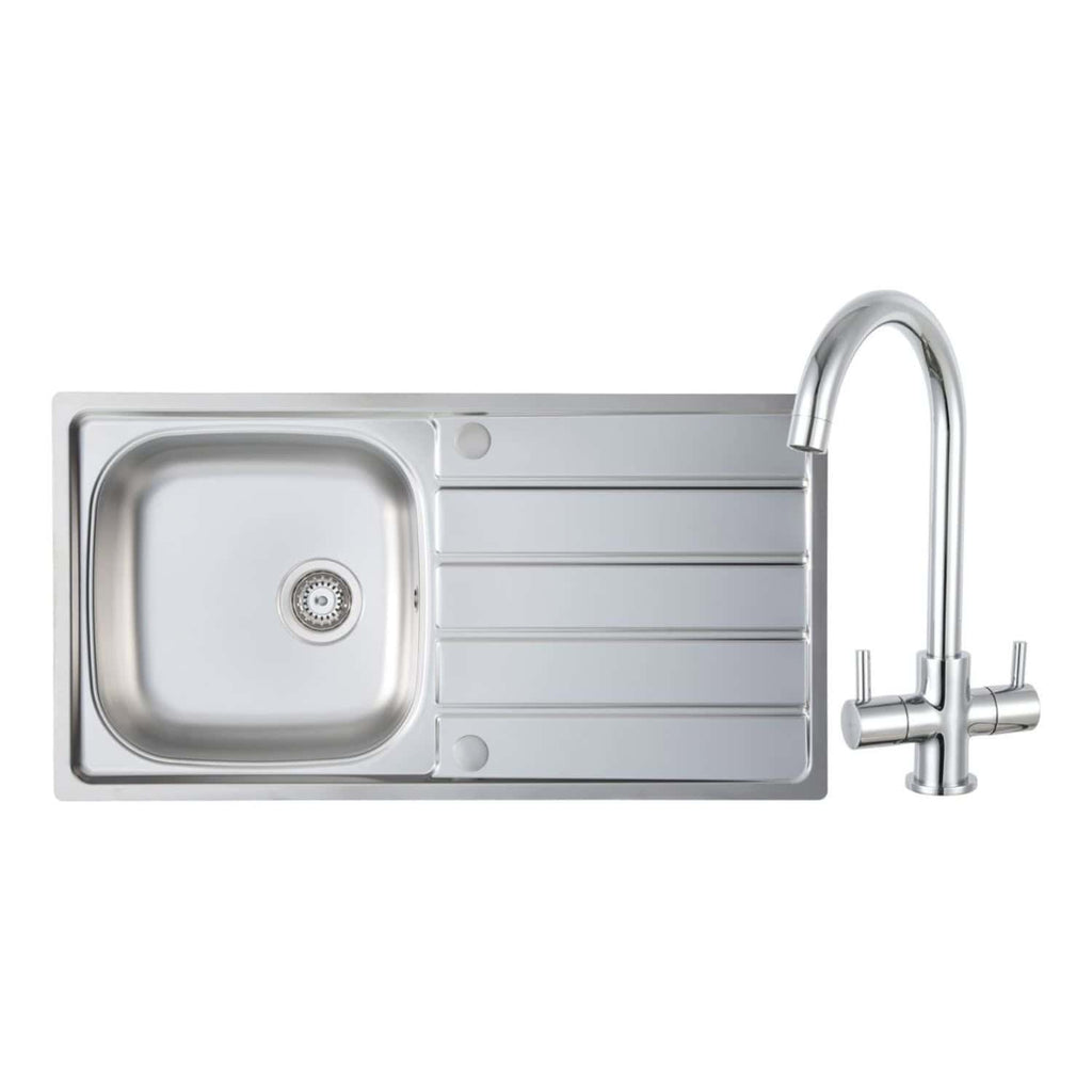 Stainless steel kitchen sink with integrated draining board and modern chrome tap, ideal for contemporary bathrooms and kitchens. Durable and easy to clean, perfect for household renovation projects.