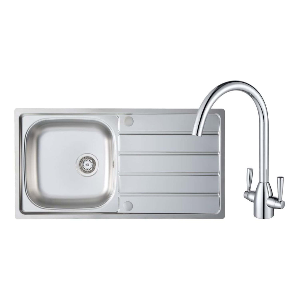 Stainless steel kitchen sink with integrated draining board and modern mixer tap, ideal for contemporary bathrooms or kitchens, offering durability and easy maintenance.