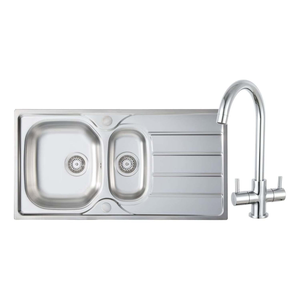 Stainless steel kitchen sink with dual basins and integrated drainer, featuring a high-arc modern tap, ideal for contemporary bathrooms or kitchens. Durable and sleek design for optimal functionality.