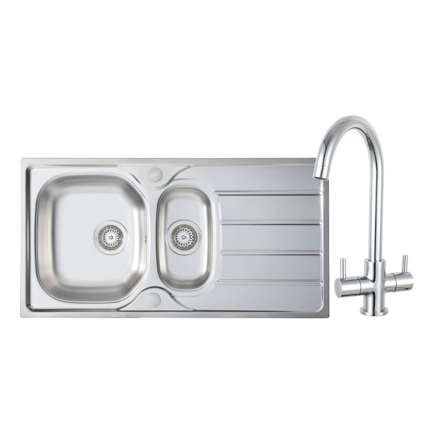 Stainless steel kitchen sink with dual basins and integrated drainer, featuring a high-arc modern tap, ideal for contemporary bathrooms or kitchens. Durable and sleek design for optimal functionality.