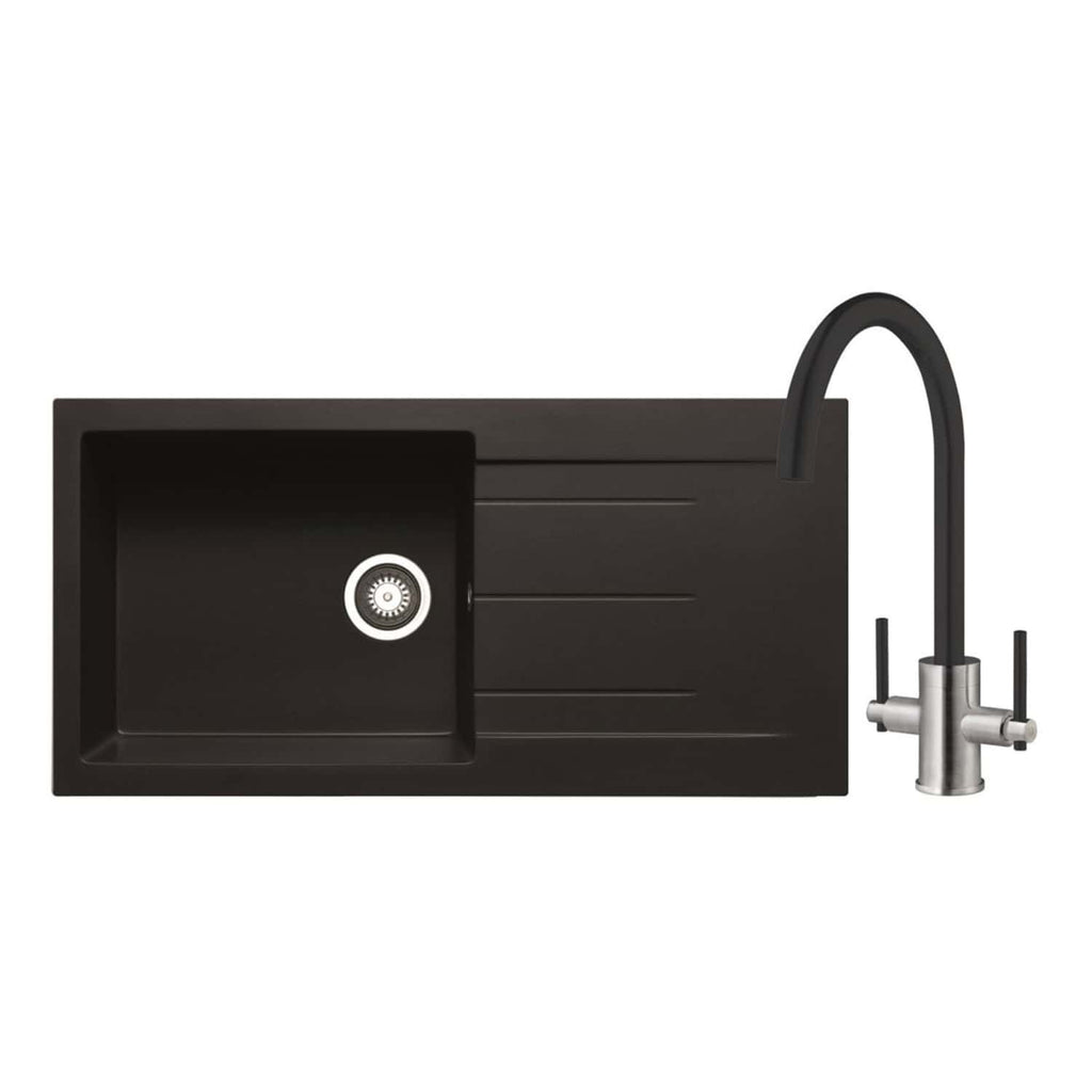 Sleek black kitchen sink with integrated drainage area and modern stainless steel tap, ideal for contemporary bathrooms or kitchens. Durable, stylish, and easy to clean. Perfect for modern home renovations.
