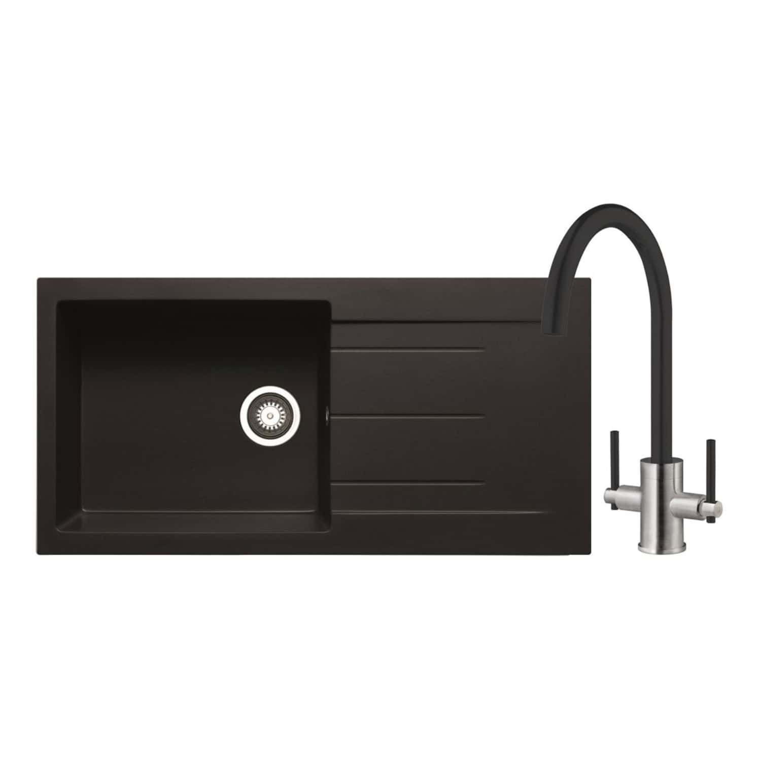 Sleek black kitchen sink with integrated drainage area and modern stainless steel tap, ideal for contemporary bathrooms or kitchens. Durable, stylish, and easy to clean. Perfect for modern home renovations.