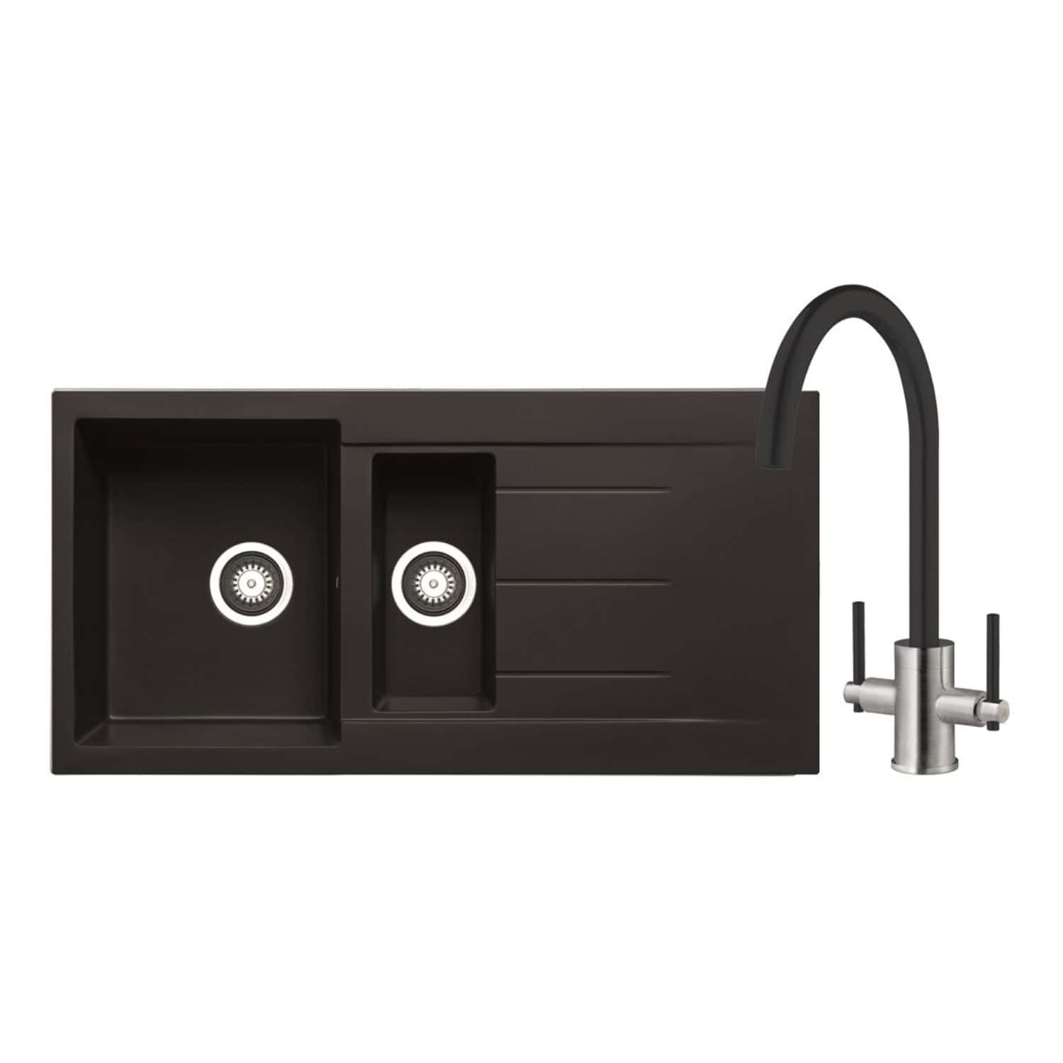Sleek black kitchen sink with dual basins and modern pull-down tap, perfect for contemporary bathrooms and kitchens, combining functionality with stylish design for a premium look.